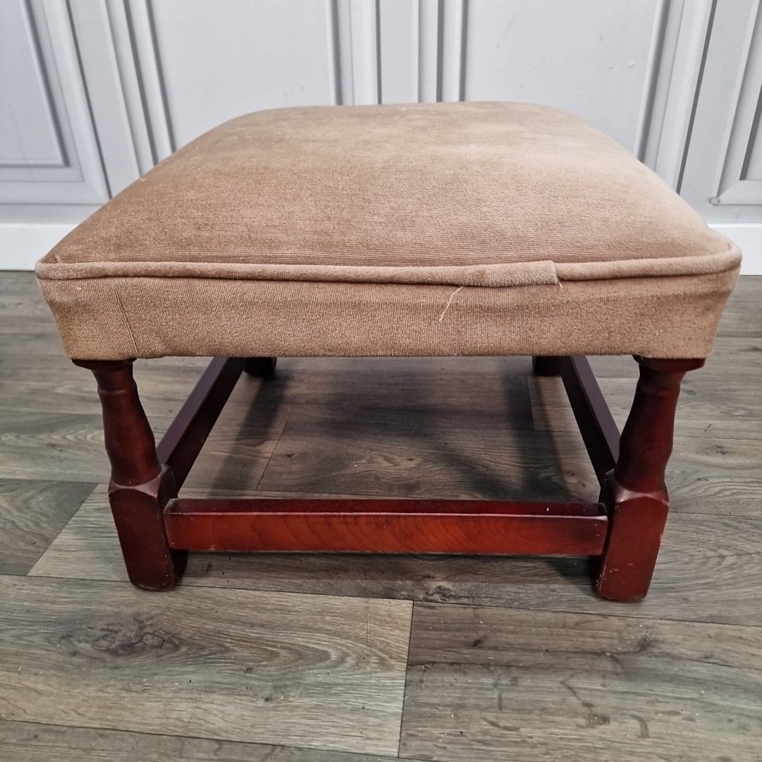 Vintage Foot Stool Retro Turned Wooden Brown Square Rest Pouffe Velvet Fabric photo for sale