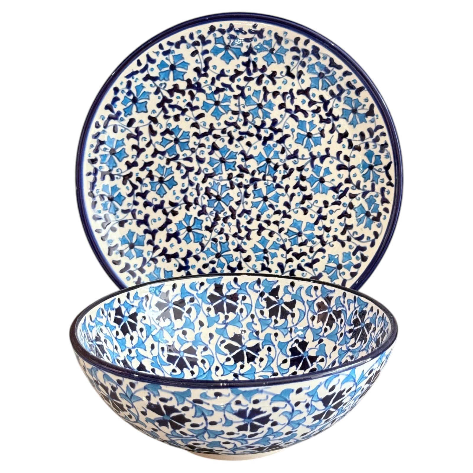 Handgemaakt Turks keramisch kom- en serveerschaalset, blauw bloemmotief Iznik-bord