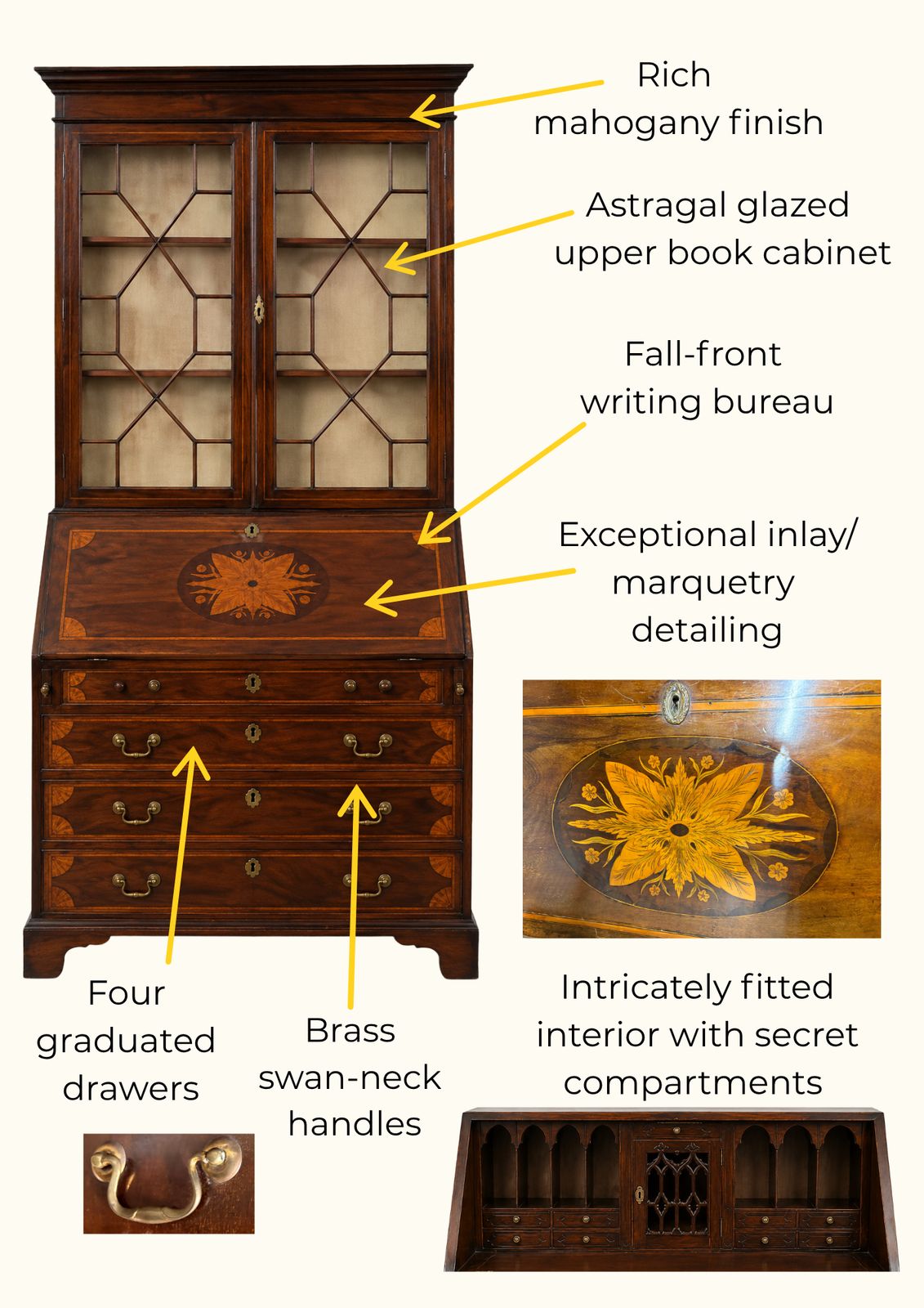 Georgian Revival Bureau/Glazed Bookcase. Stunning Inlay C1900 photo 1800.0