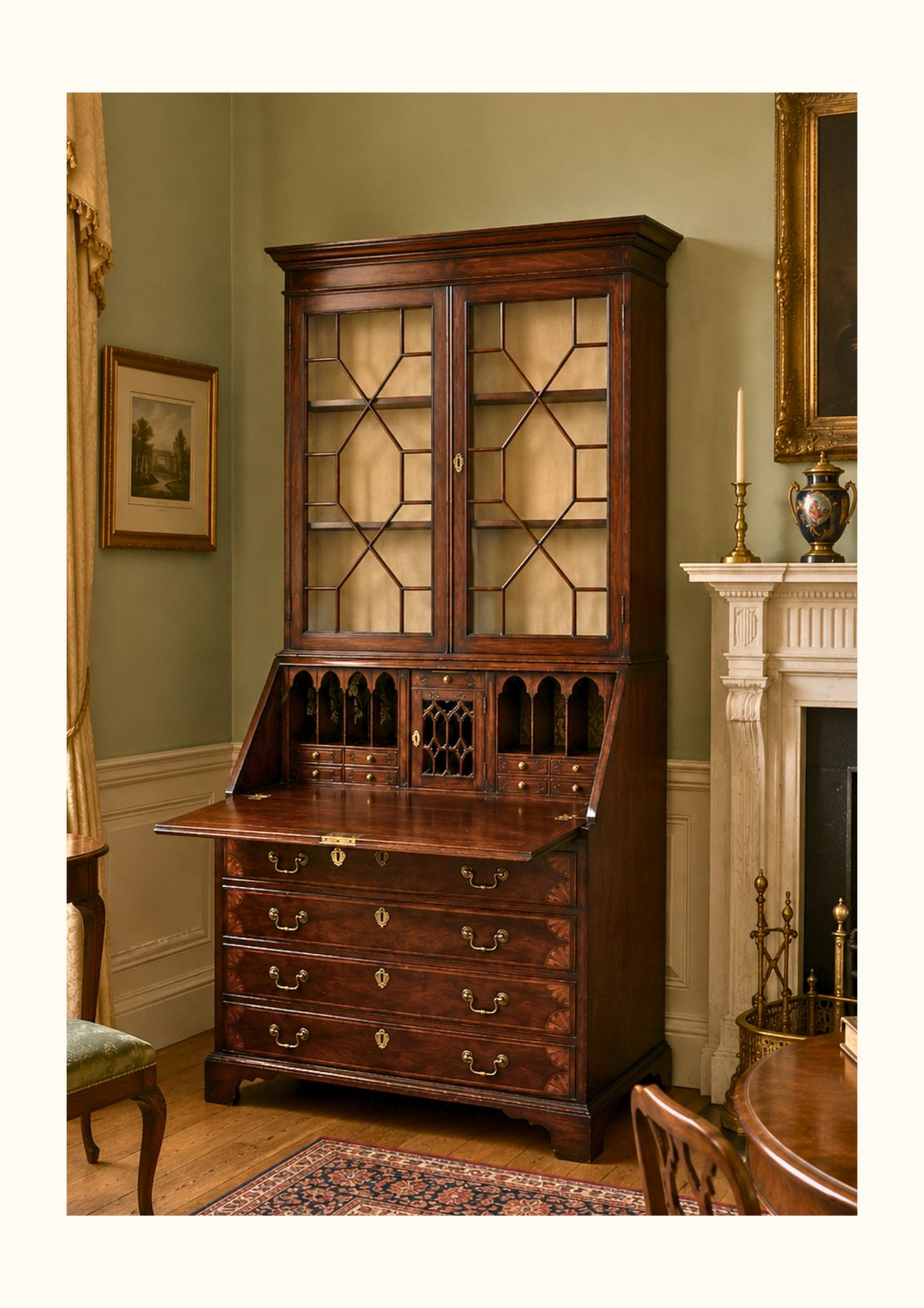 Georgian Revival Bureau/Glazed Bookcase. Stunning Inlay C1900