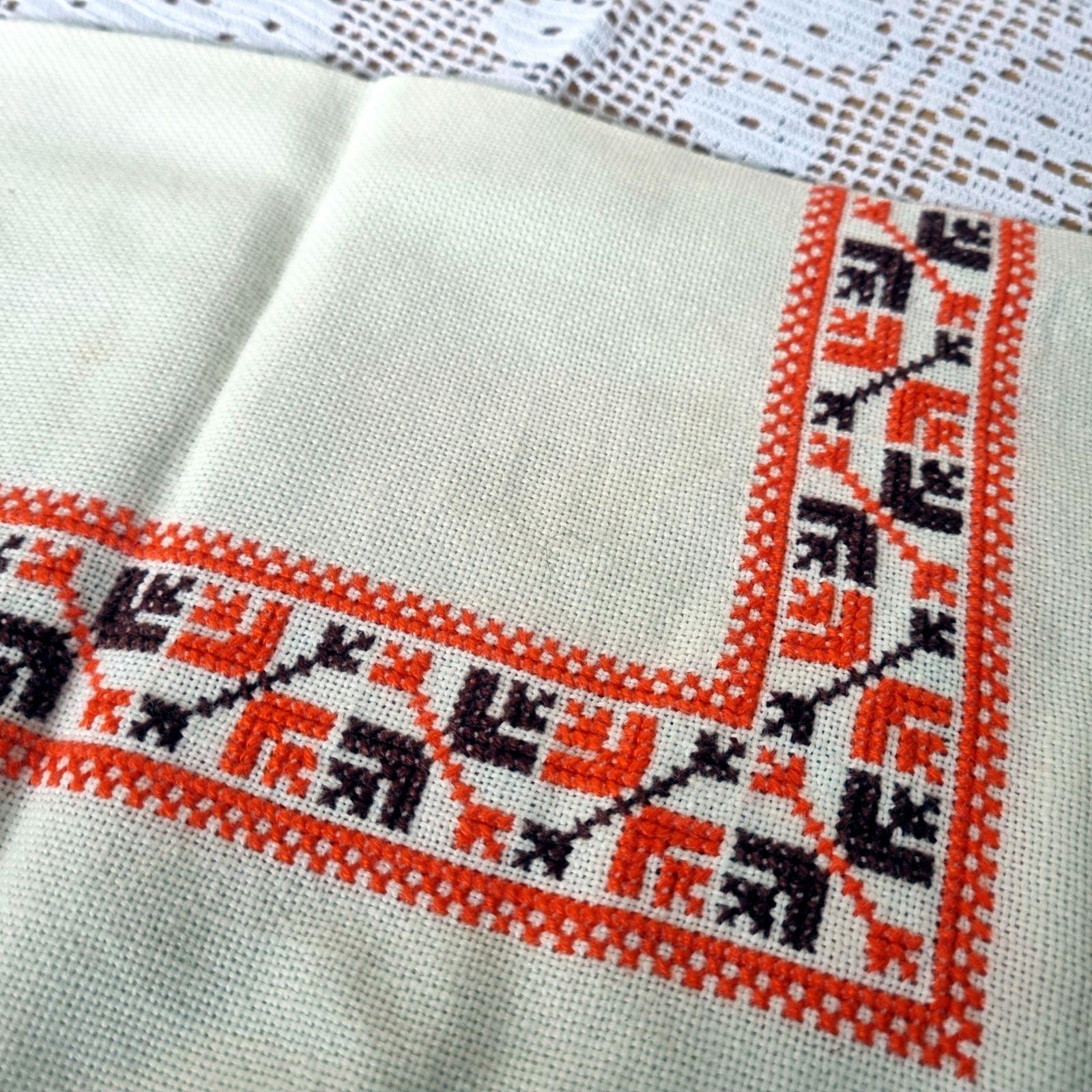 Vintage Handmade Embroidered Scandinavian Fringed Small Table Mat Folk Textile 1970s photo furniture