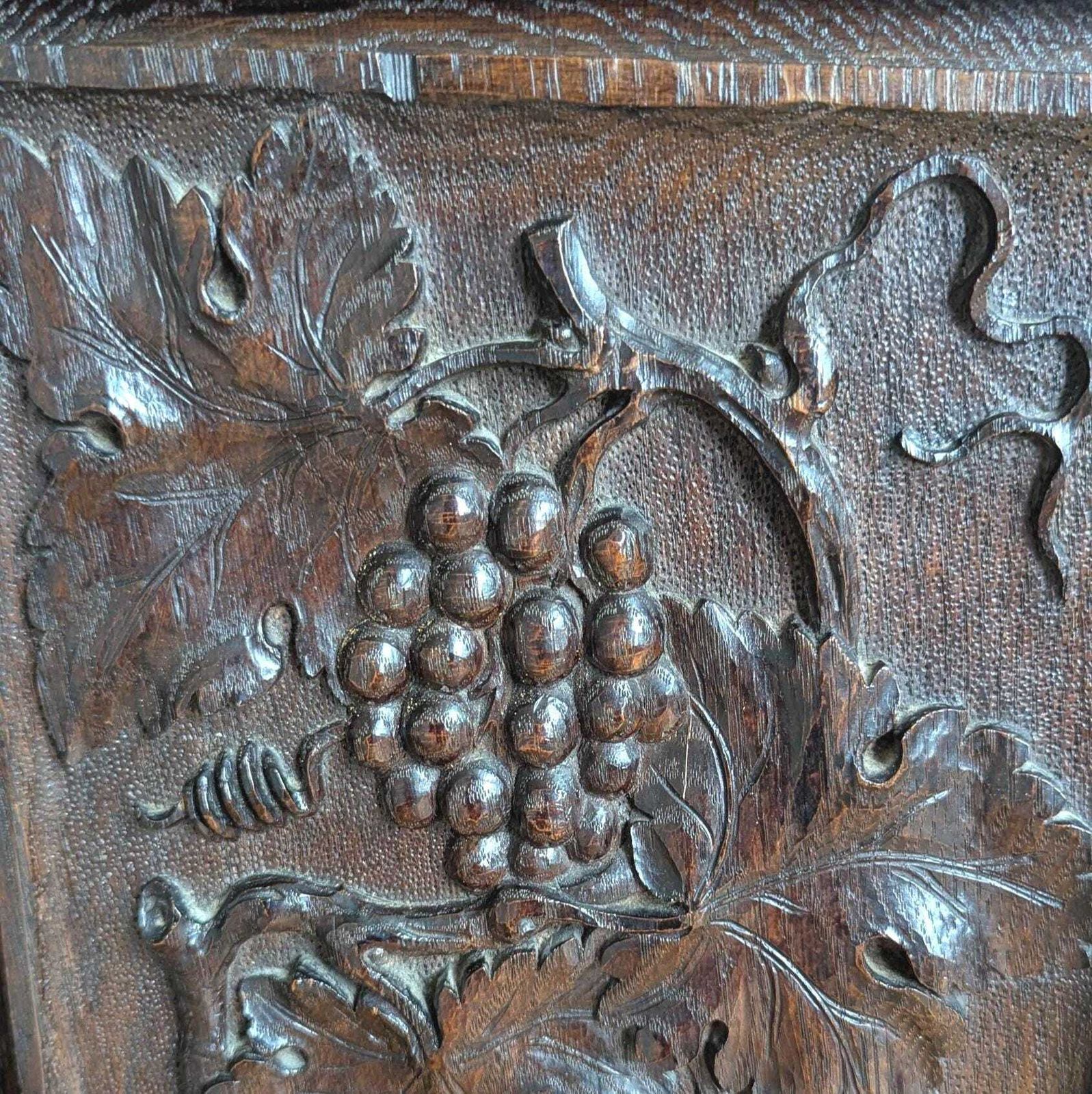 photo for sale Antique Oak Corner Cupboard: Carved Grapes, Panelled Door, C19th Wall Hanging