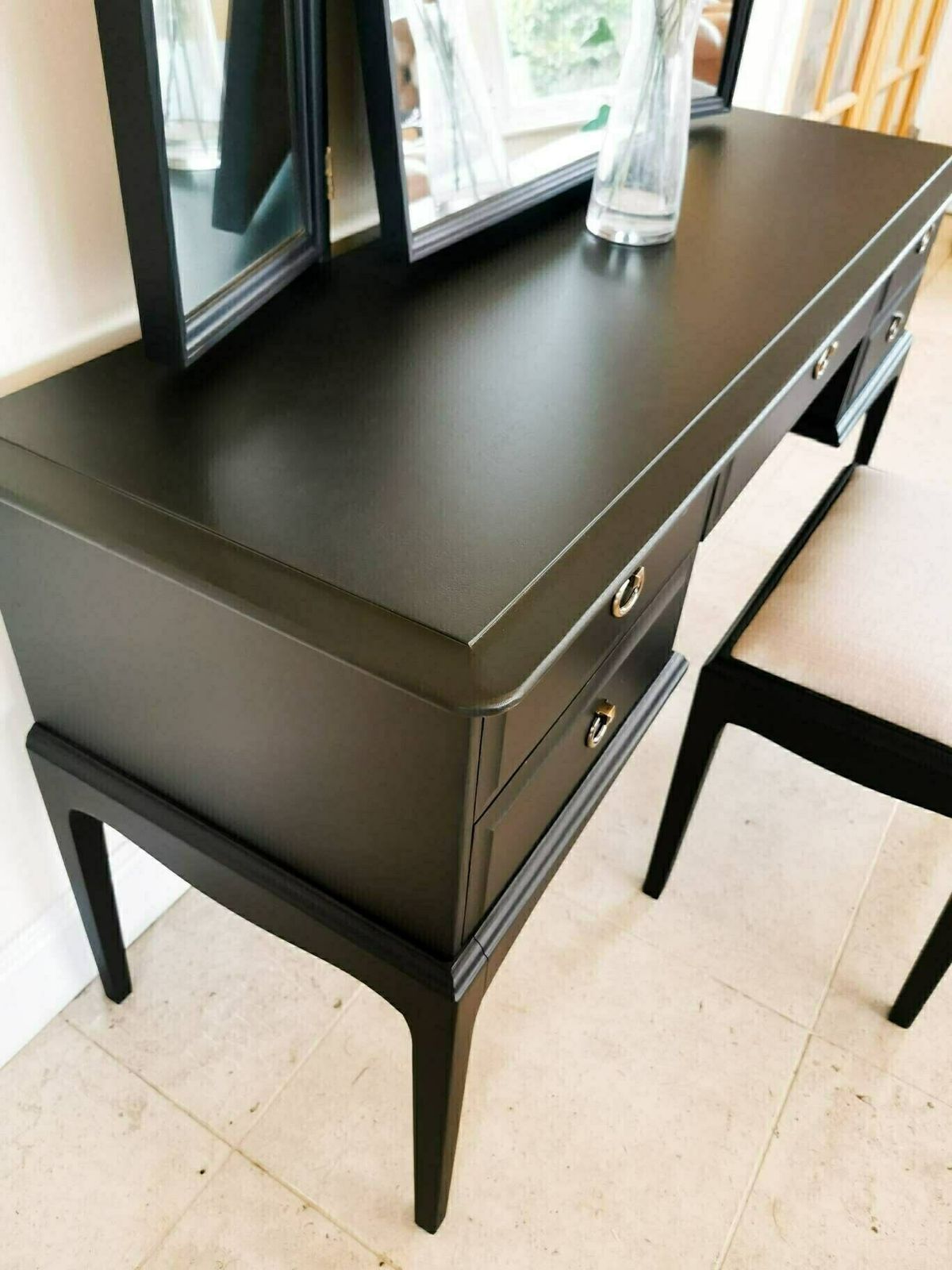 Spray Painted Matt Black Stag Minstrel Dressing Table Set With Triple Mirror & Stool photo 645.0