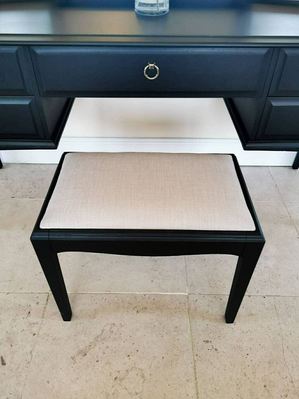 Spray Painted Matt Black Stag Minstrel Dressing Table Set With Triple Mirror & Stool photo buy