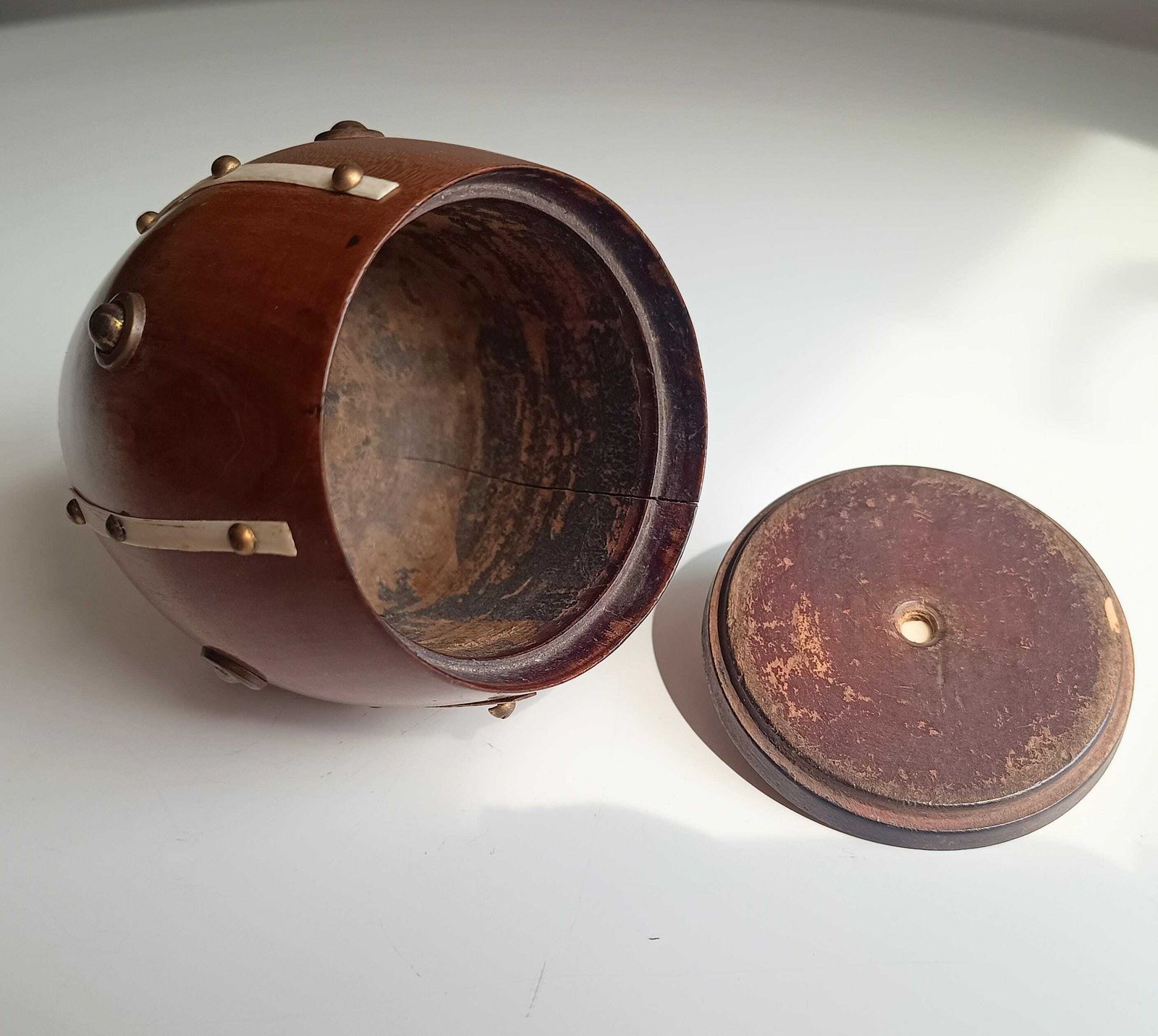 Victorian Maritime Fruitwood Tobacco Jar: Bone Strips, Brass Studs, Sailors Treen Tea Caddy photo Home Decor