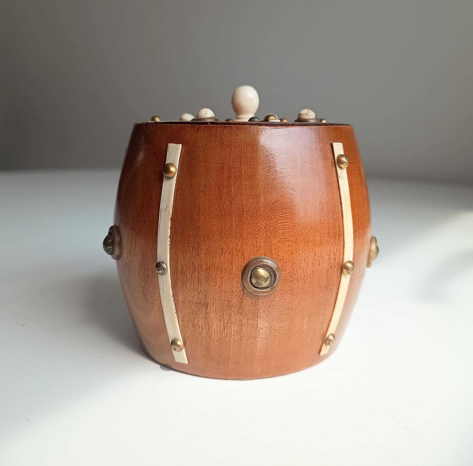 Victorian Maritime Fruitwood Tobacco Jar: Bone Strips, Brass Studs, Sailors Treen Tea Caddy photo vinterior