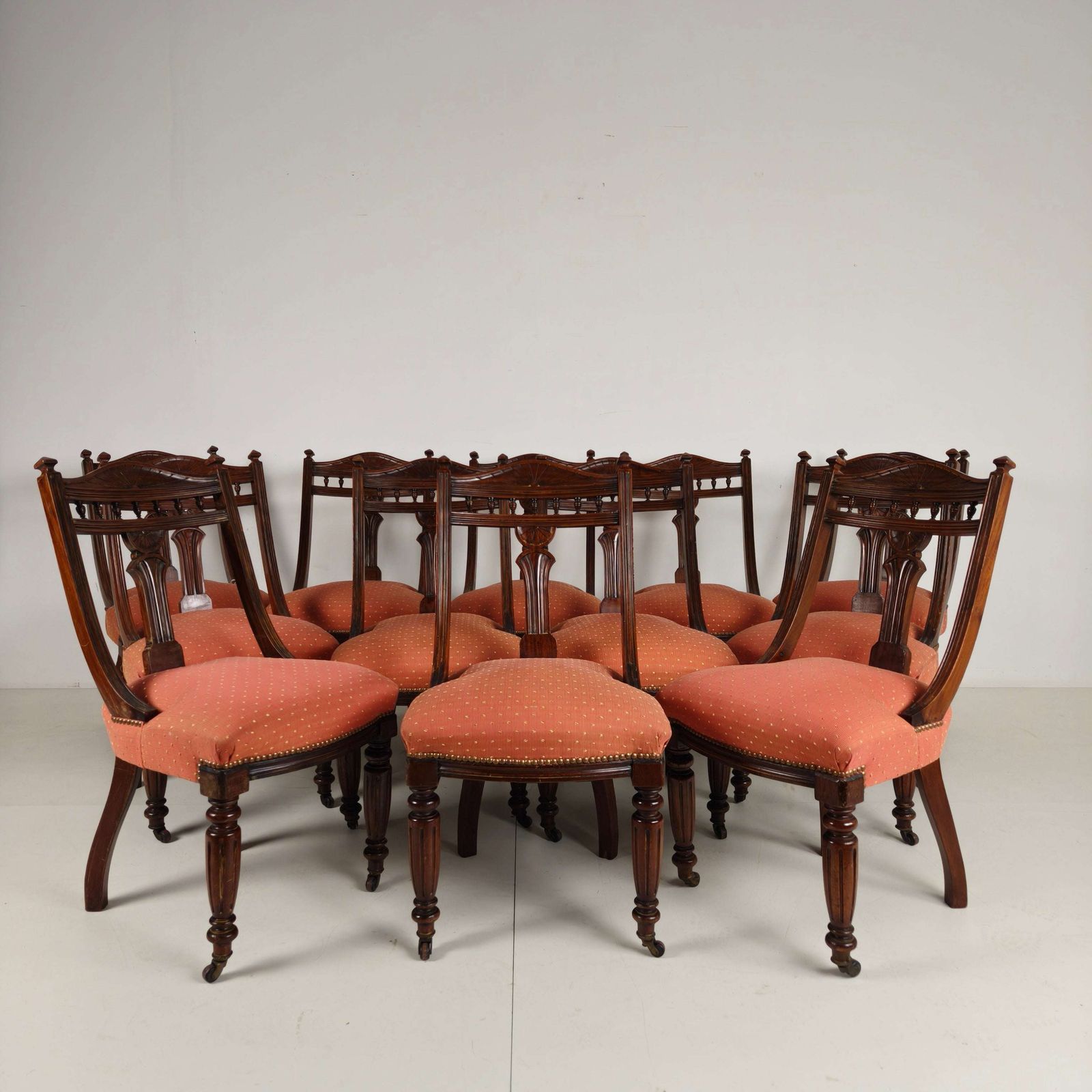 Set Of 12 Late Victorian Walnut Dining Chairs With Original Castors photo Furniture