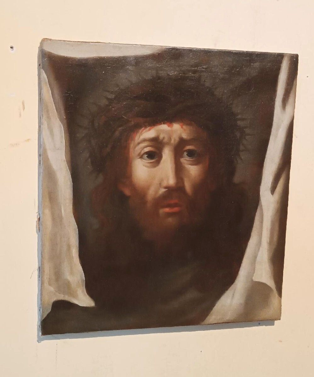 Antique Painting   Oil On Canvas   Christ With The Veil Of Veronica   18th Century