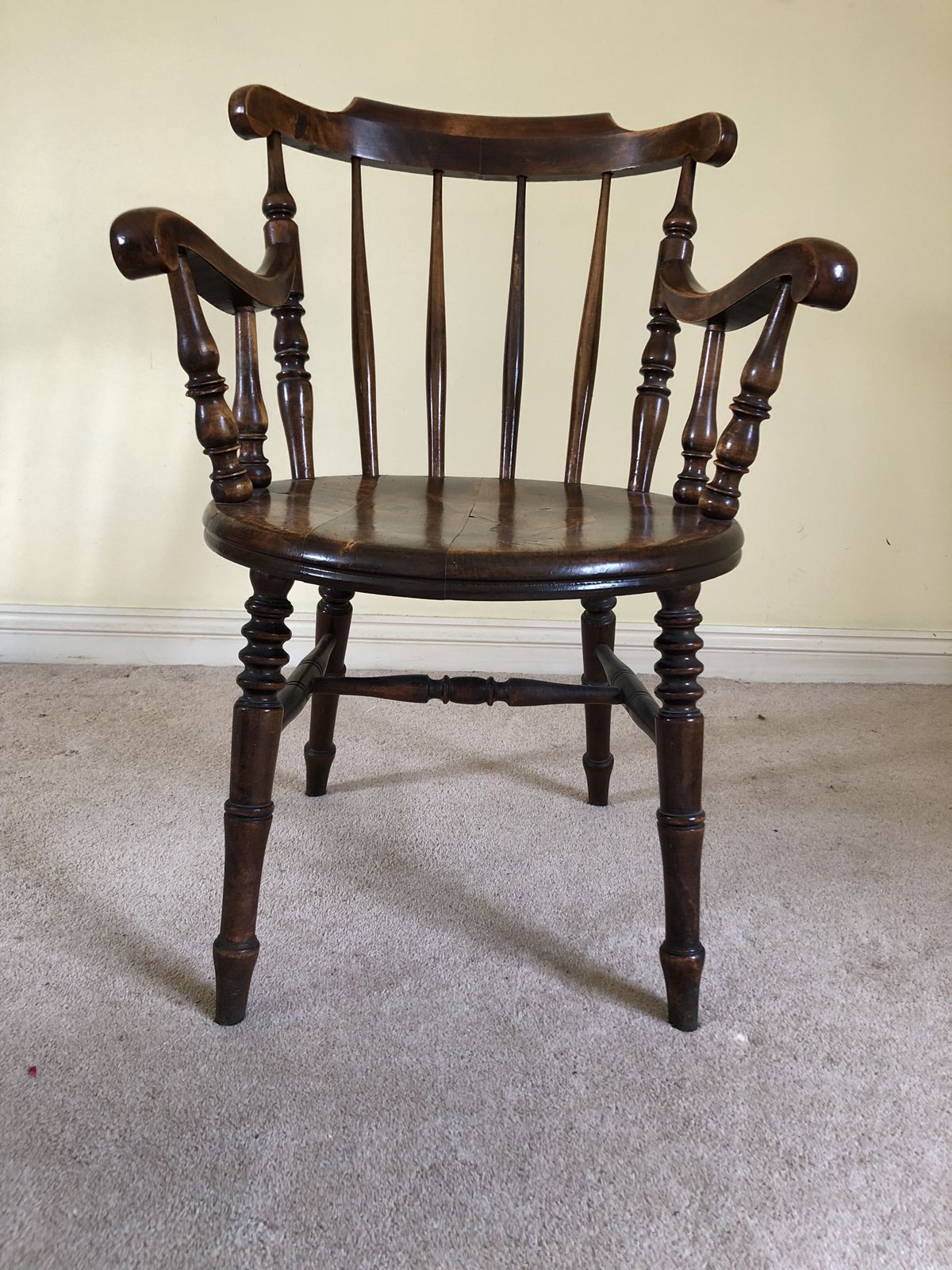Antique Unusual Penny Seated Windsor Arm Chair
