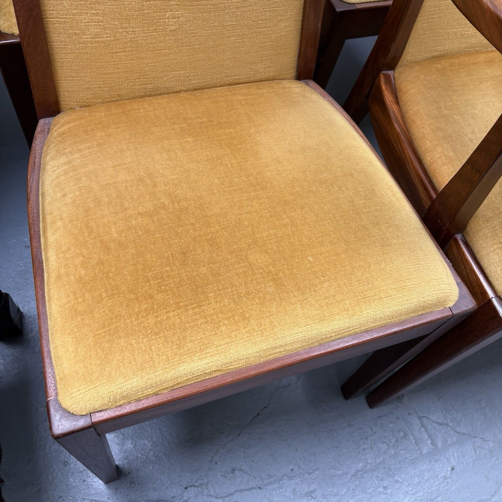 6 Mid Century Teak & Mustard Fabric G Plan Dining Chairs By Leslie Dandy 1960s photo vintage