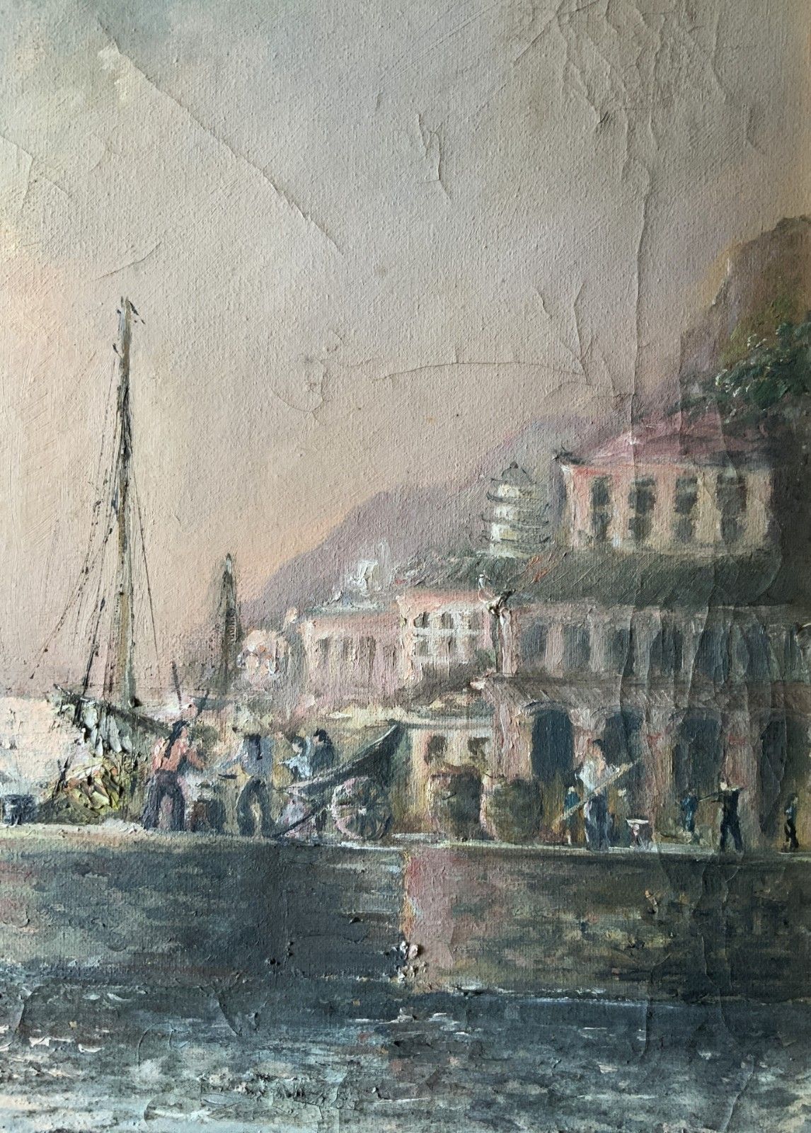 photo vinterior Seascape Oil Painting Moonlit Harbour Ships Signed Original 20th Century
