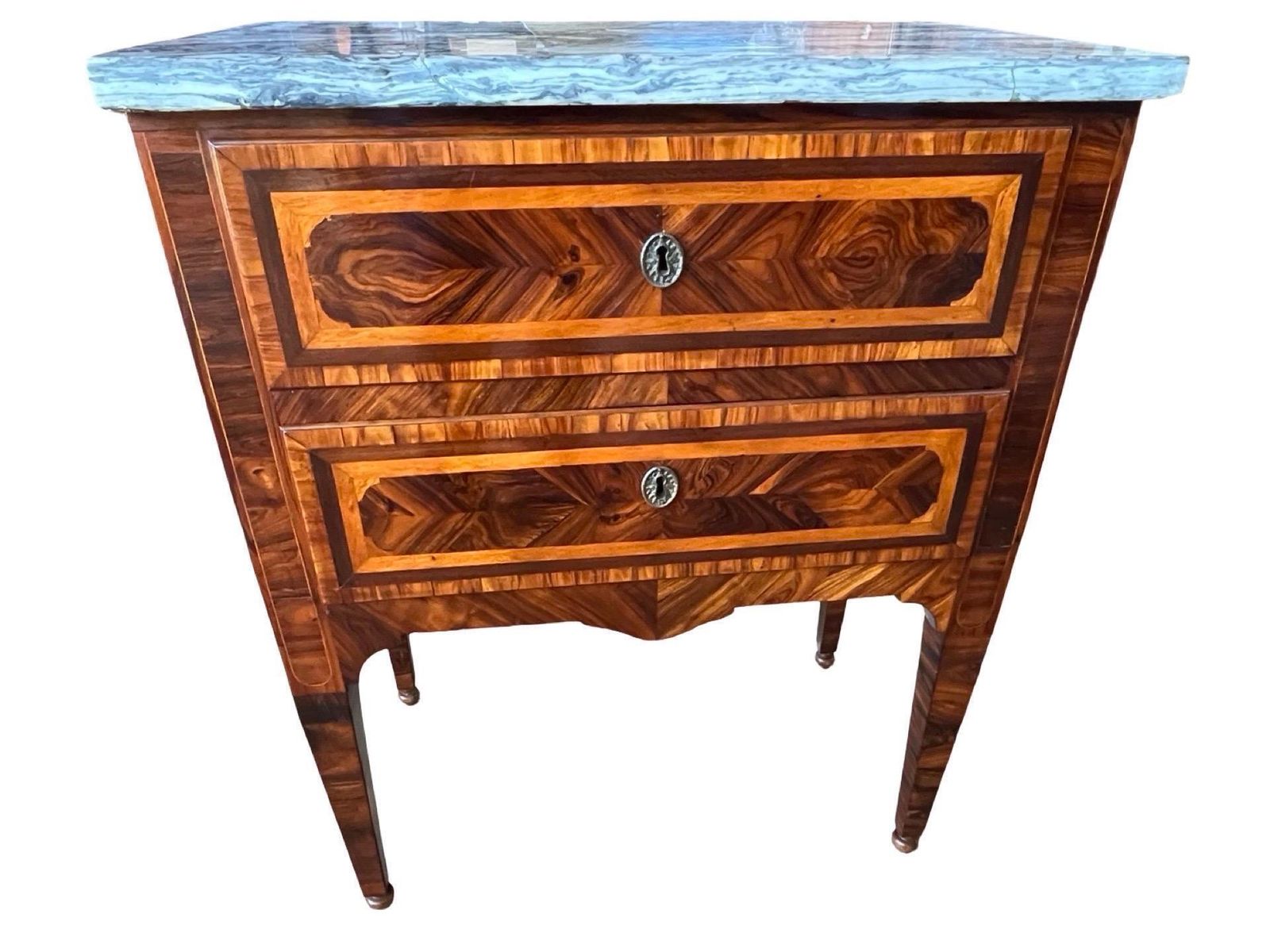 Italian Neoclassical Nightstand With Walnut Inlay And Thick Marble Top photo for sale