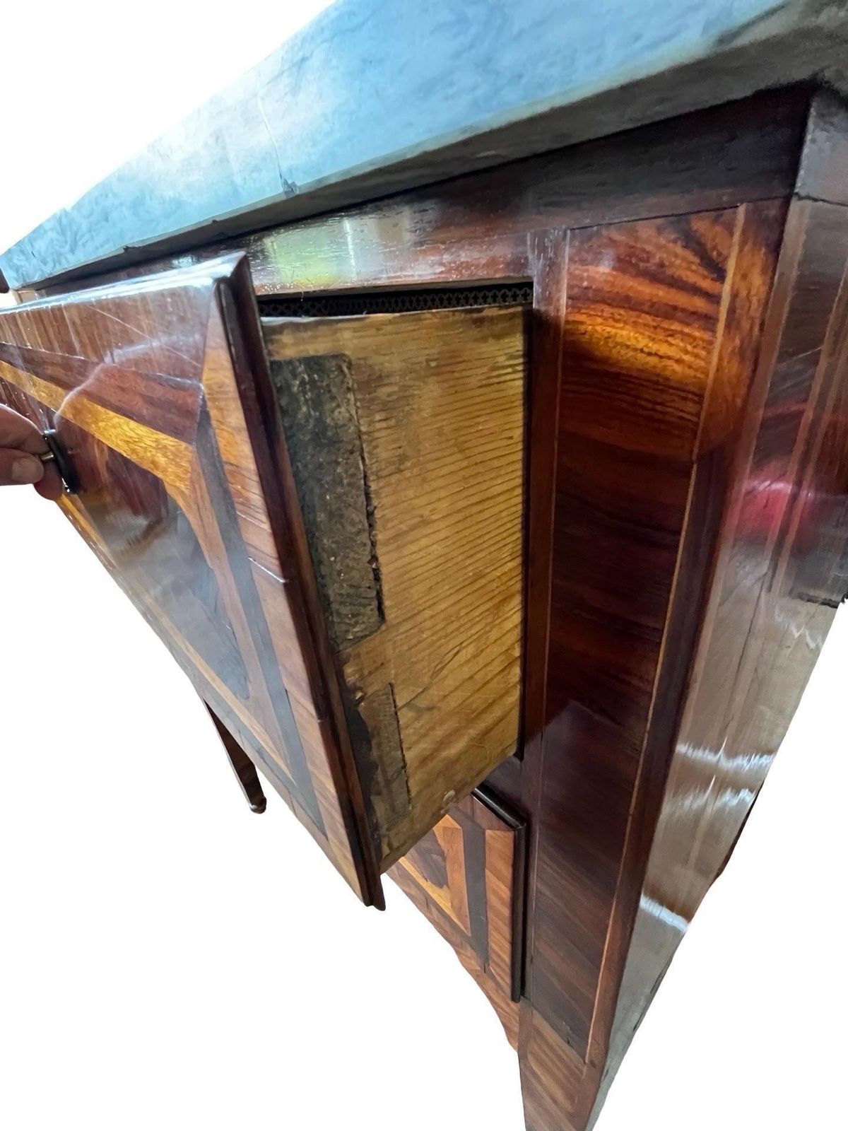Italian Neoclassical Nightstand With Walnut Inlay And Thick Marble Top photo vinterior