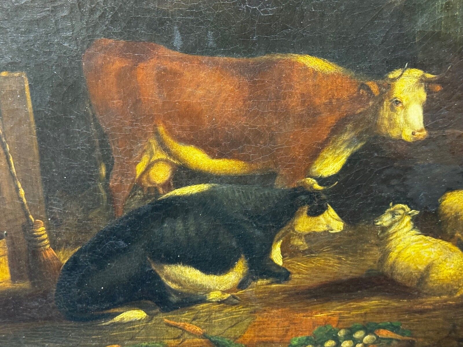 Schilderij Koeien en schapen schuilen in schuur, volgeling van Thomas Sidney Cooper, ca. 1850 photo for sale