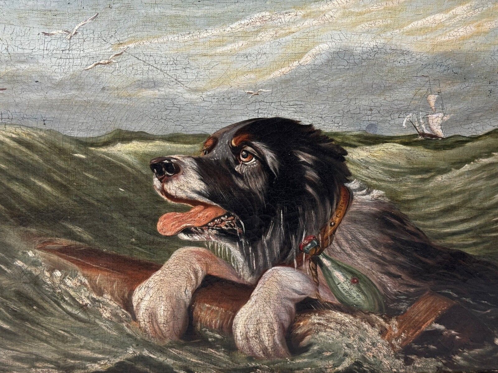 Marine Oil Painting Saint Bernard Dog Swamped Shipwrecked Approaching New York photo furniture
