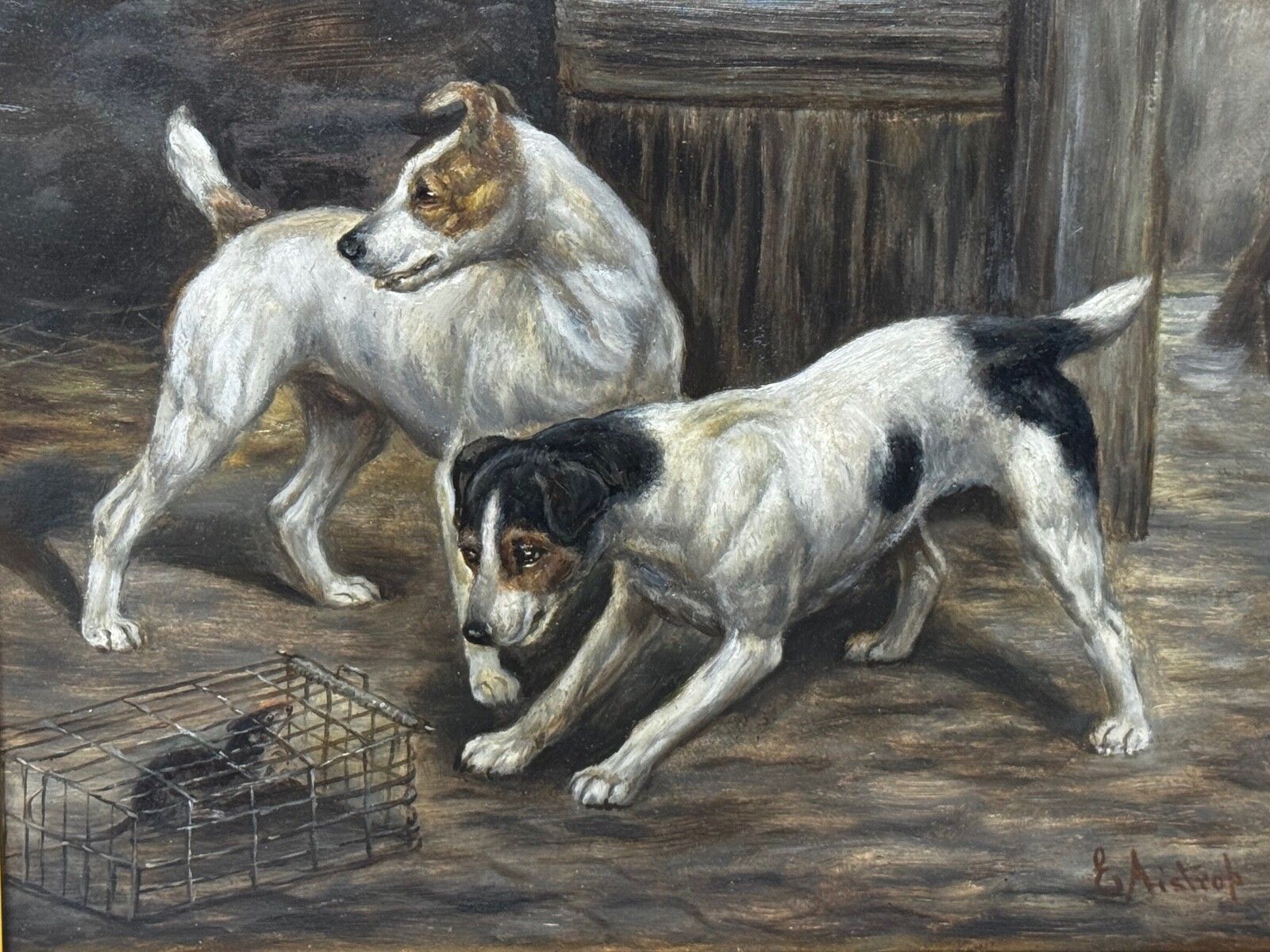 🐾 Victoriaans meesterwerk, rat gevangen, Jack Russell Terriers op wacht, ca. 1880 photo furniture