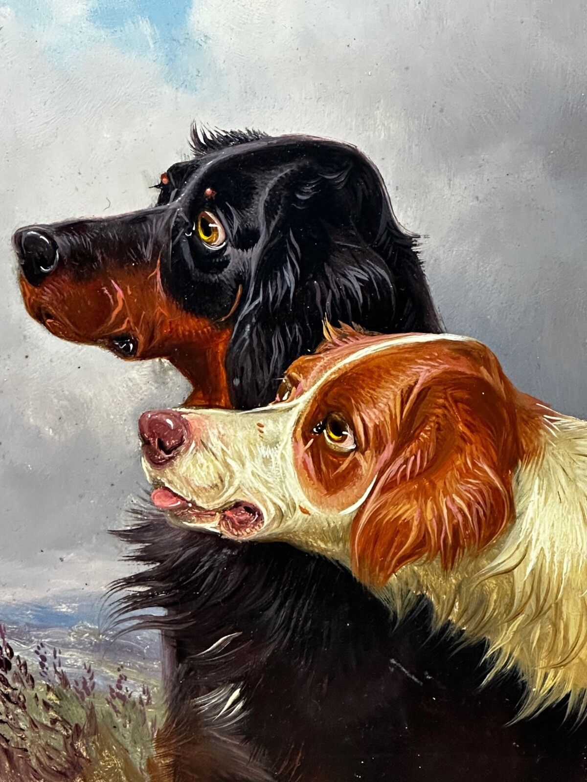 Olieverfschilderij Gordon Setter met Ierse rood-witte jachthonden in de Schotse Hooglanden photo furniture