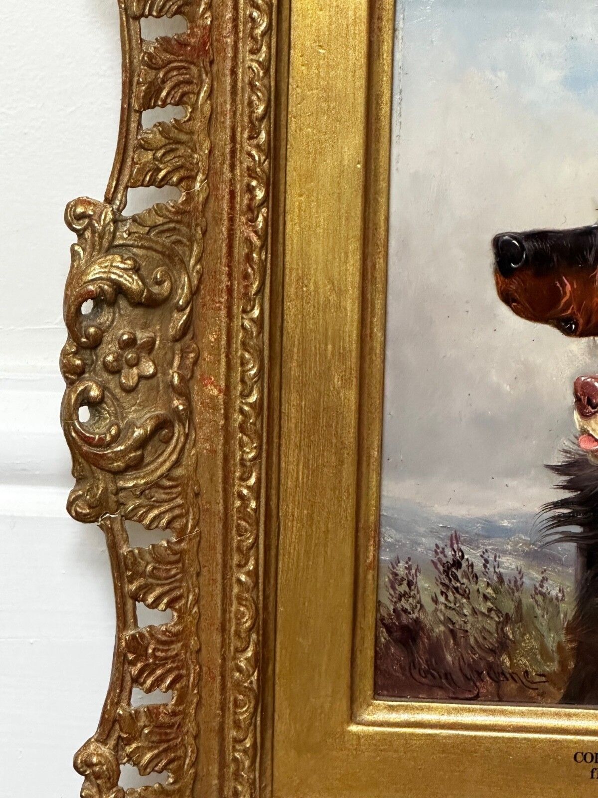 Olieverfschilderij Gordon Setter met Ierse rood-witte jachthonden in de Schotse Hooglanden photo vinterior