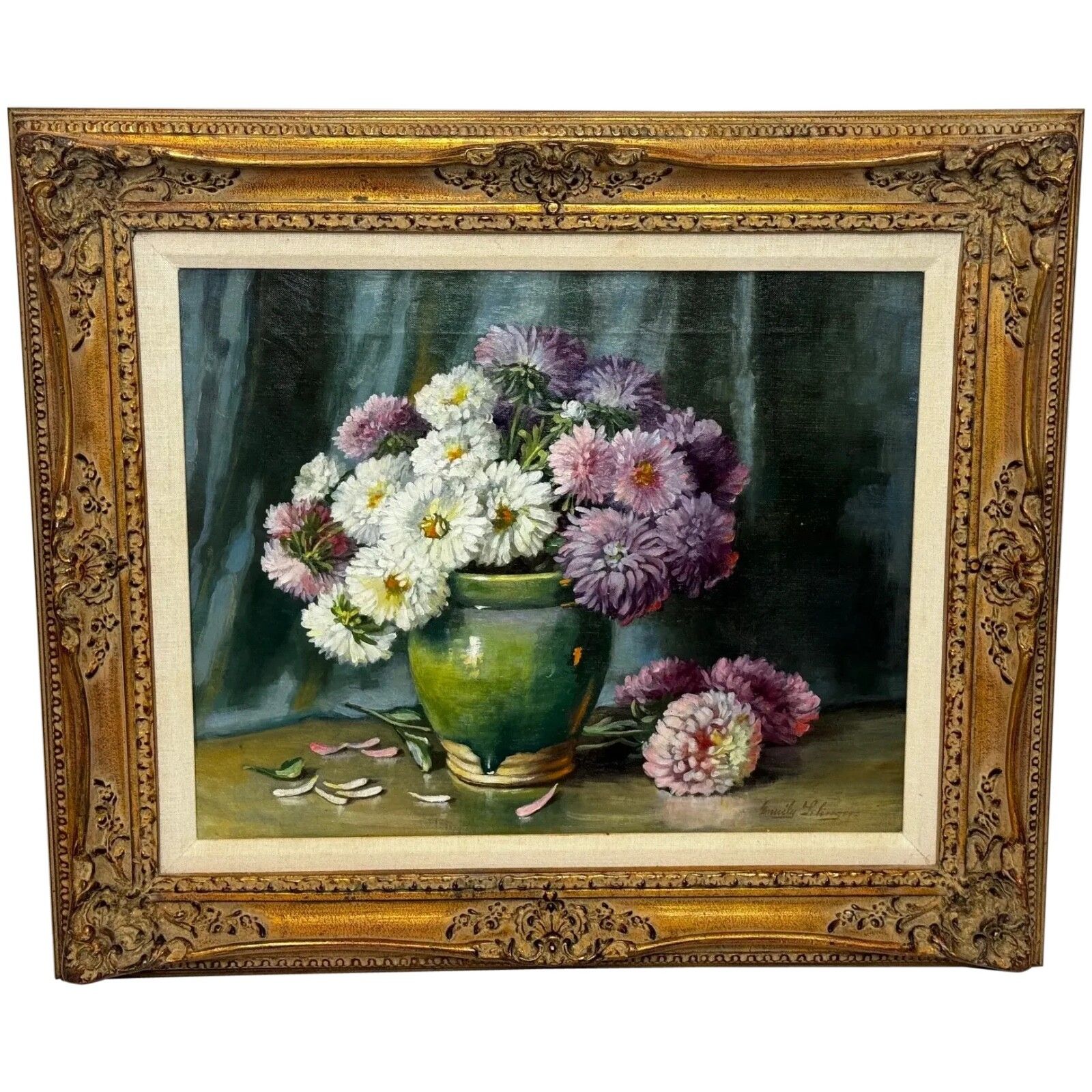 Victoriaans stilleven, olieverfschilderij, bloemen, chrysanten in vaas, Emily Selinger