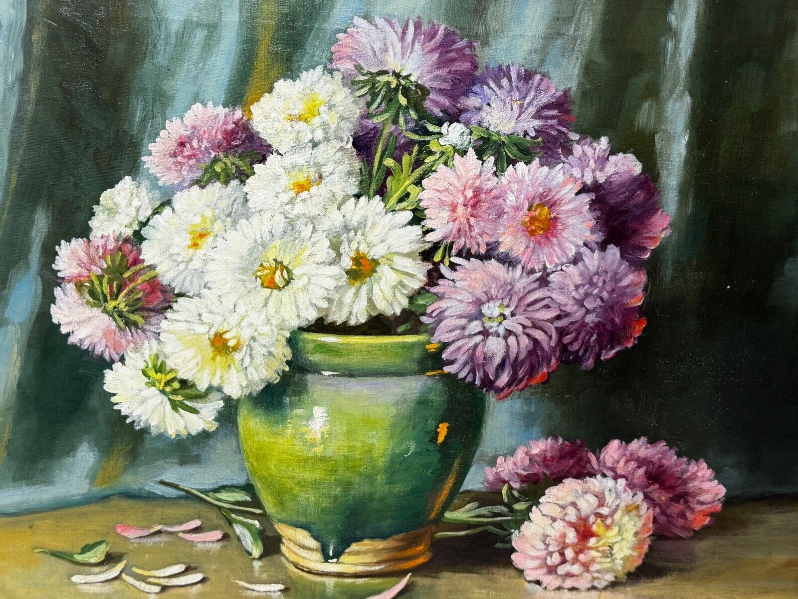 Victorian Still Life Oil Painting Flowers Chrysanthemums In Vase Emily Selinger photo furniture