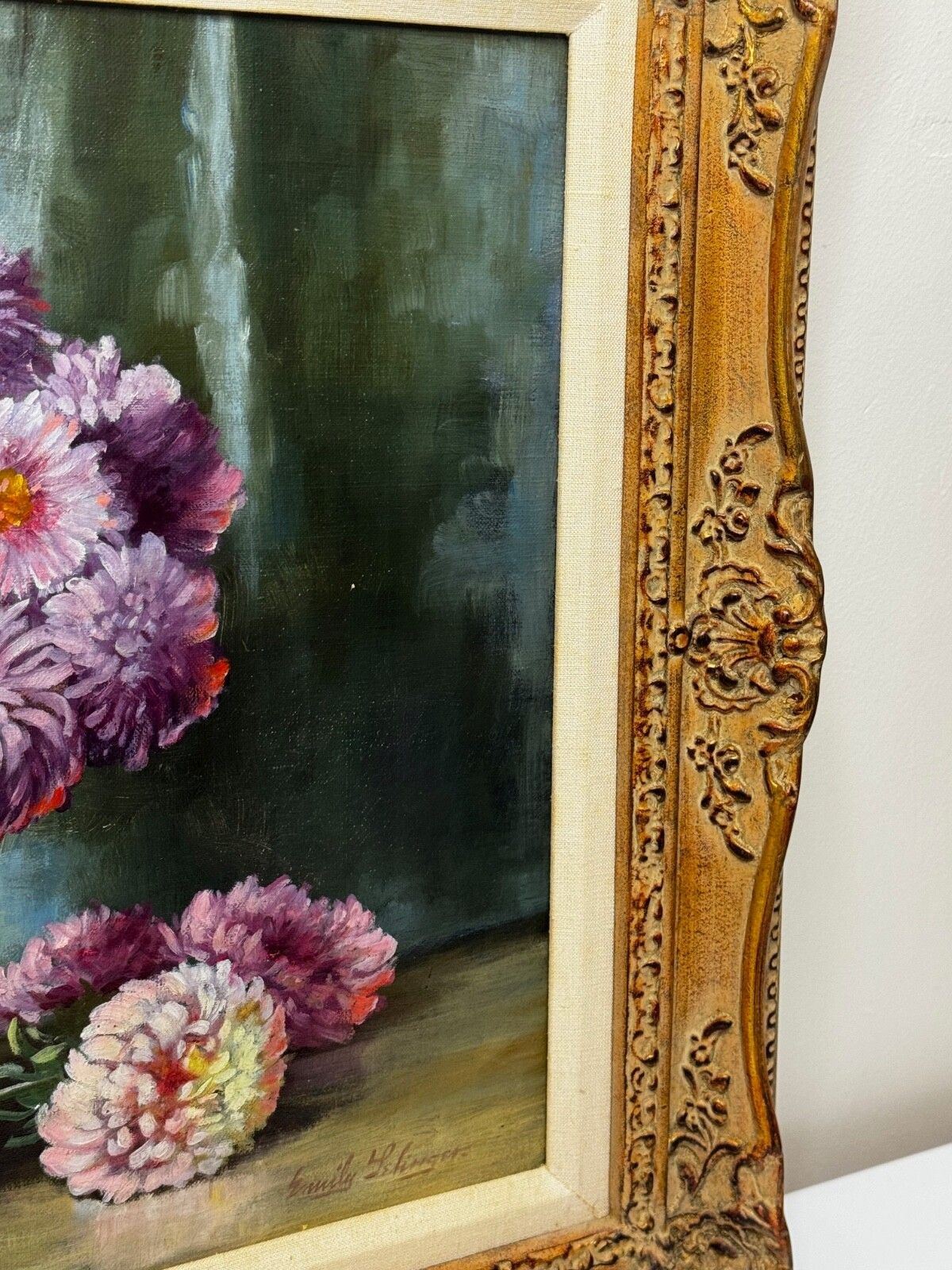 Victoriaans stilleven, olieverfschilderij, bloemen, chrysanten in vaas, Emily Selinger photo Kunst