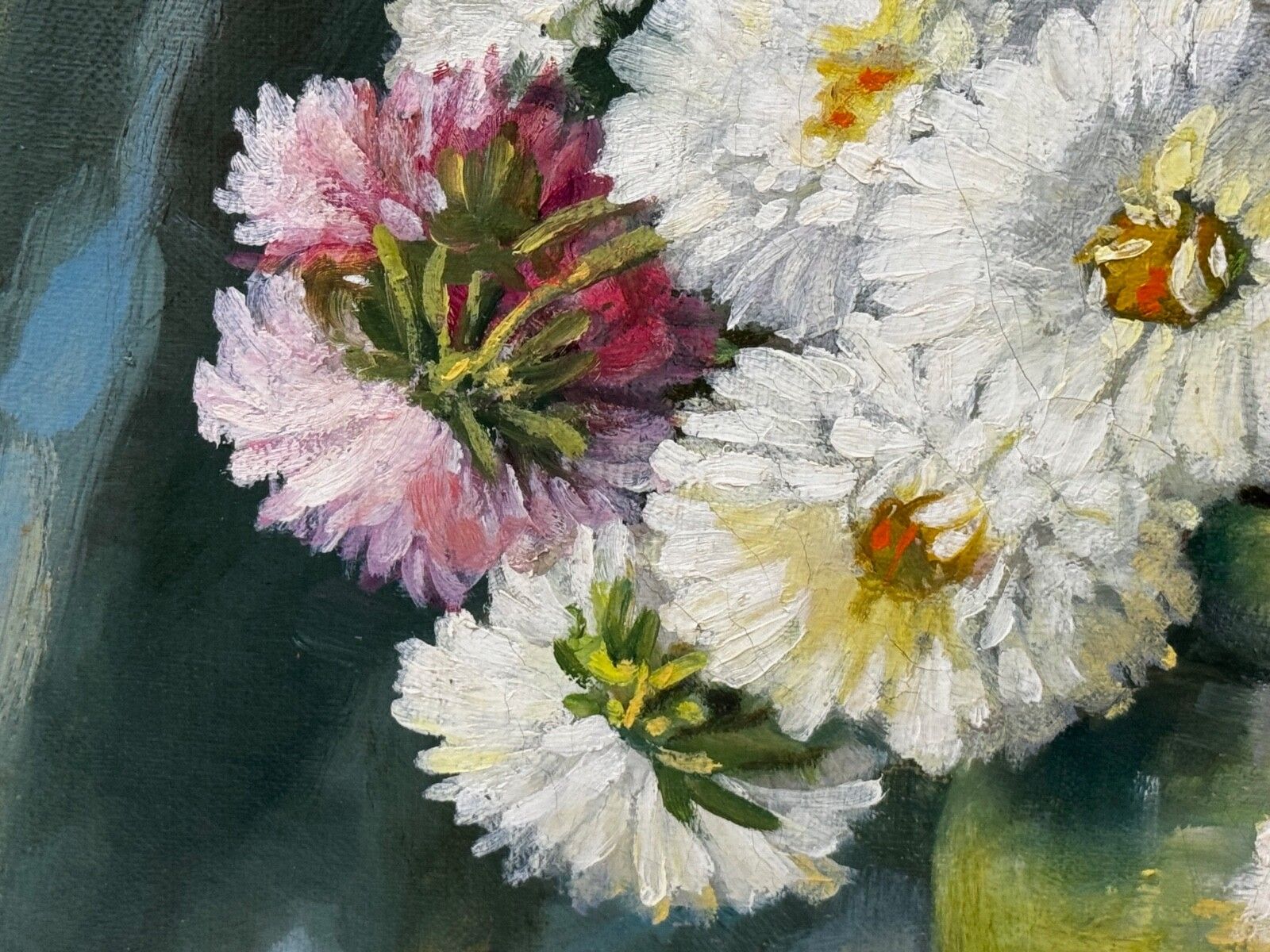 Victoriaans stilleven, olieverfschilderij, bloemen, chrysanten in vaas, Emily Selinger photo vintage