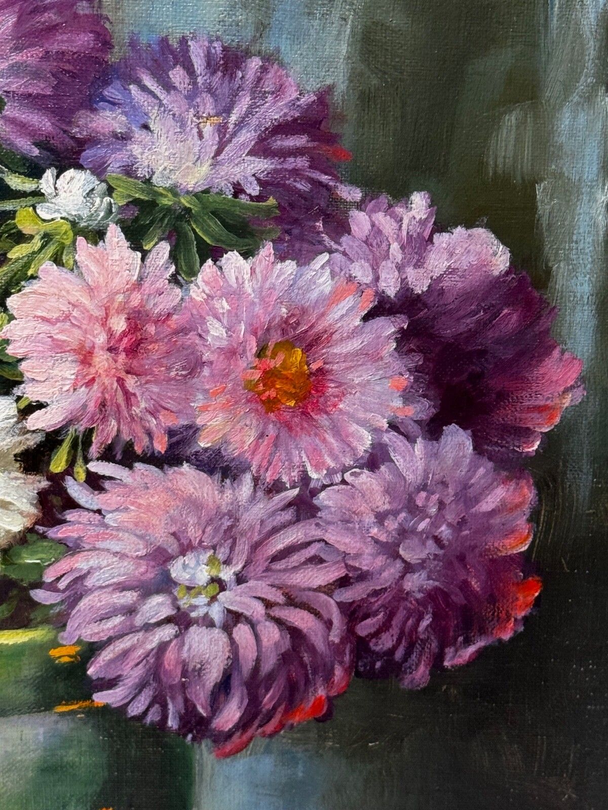 photo furniture Victorian Still Life Oil Painting Flowers Chrysanthemums In Vase Emily Selinger