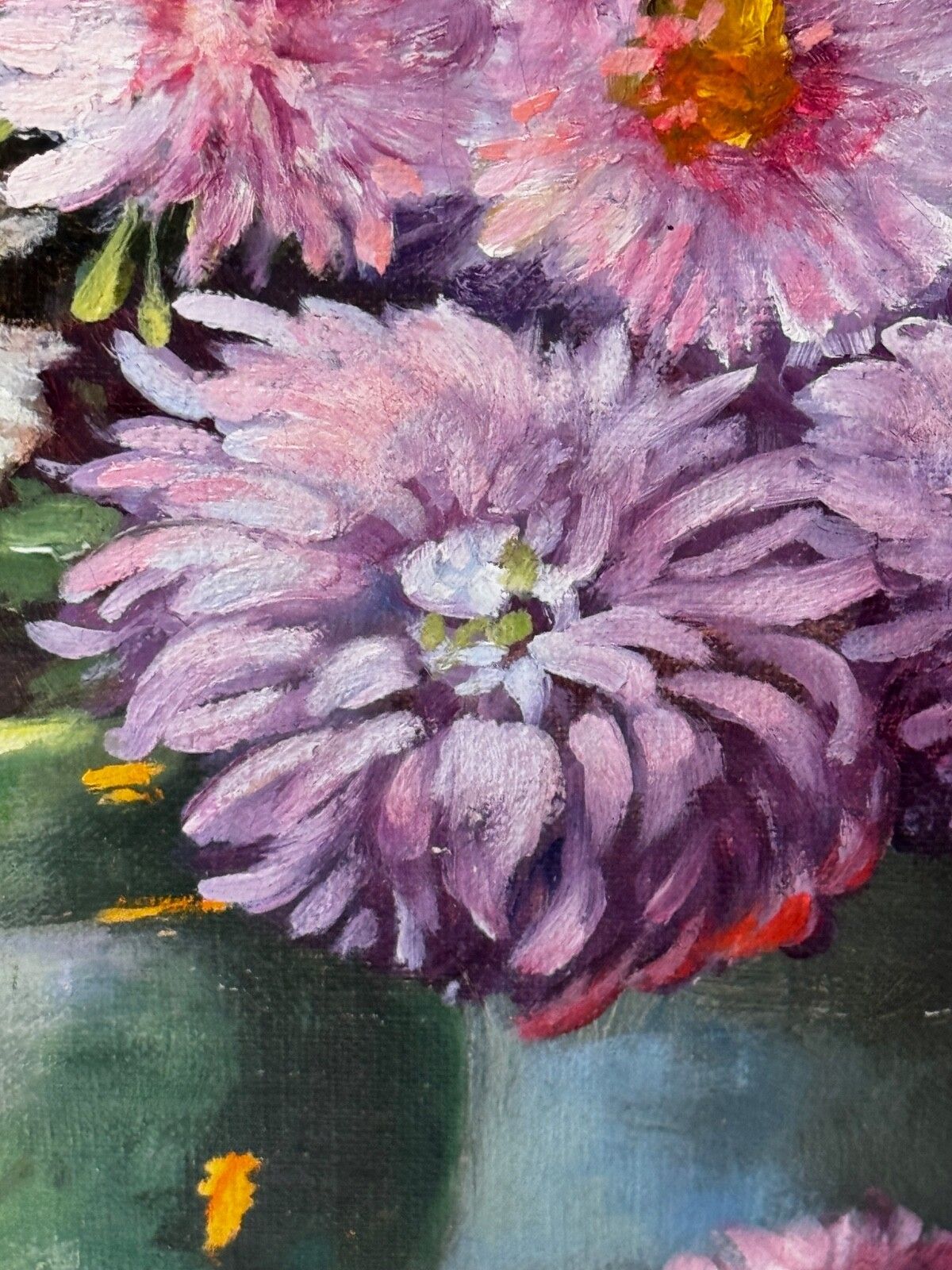 photo for sale Victoriaans stilleven, olieverfschilderij, bloemen, chrysanten in vaas, Emily Selinger