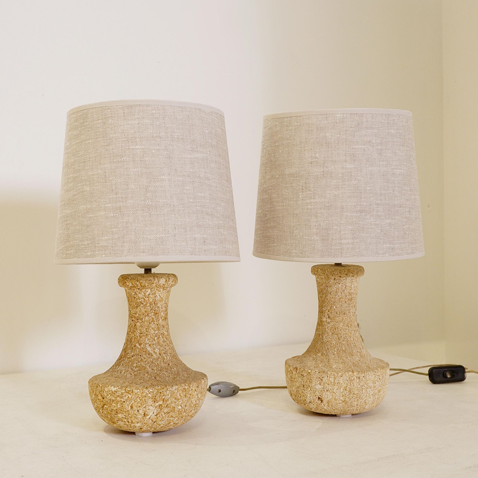 Pair Of French Stone Lamps, 1970s   New Linen Lampshade photo for sale