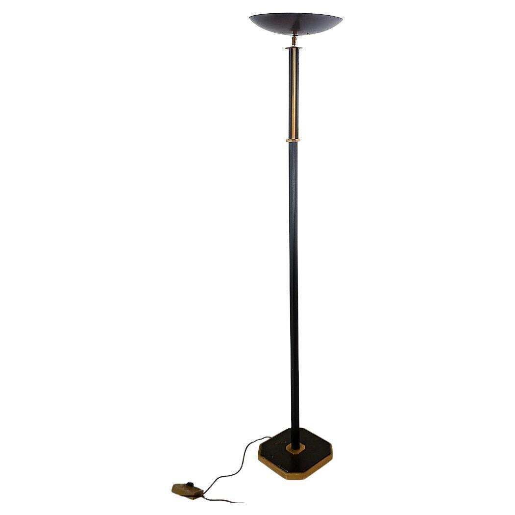 Hollywood Regency Torchiere Floor Lamp, Brass & Metal, Circa 1980