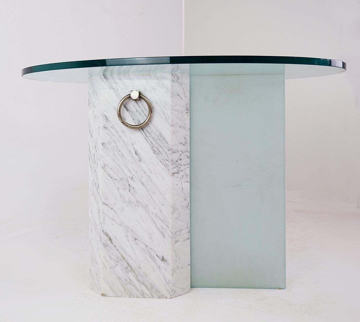 Marble And Sandblasted Glass Side Table   Oval Glass Top   1980s photo vinterior