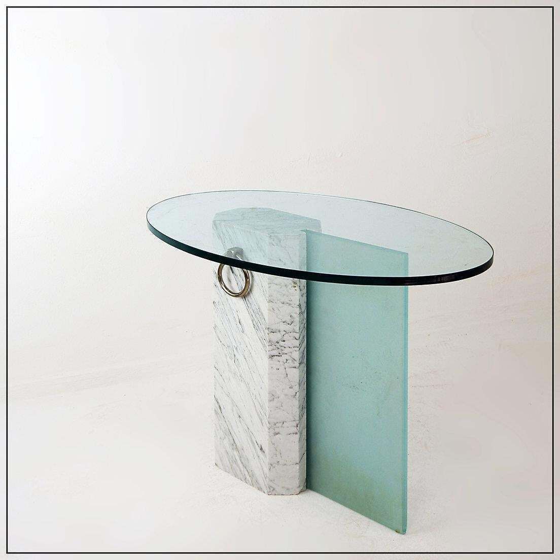 photo buy Marble And Sandblasted Glass Side Table   Oval Glass Top   1980s