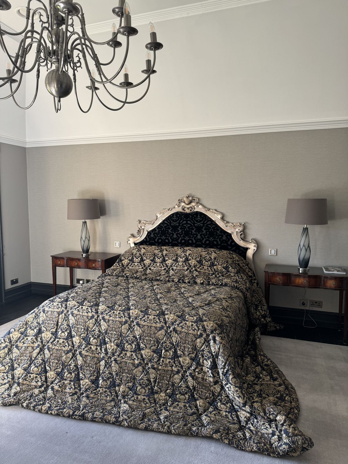Custom Emperor Throw — Black & Gold Baroque Damask, Quilted, Ruffled Border | C.2002 photo furniture