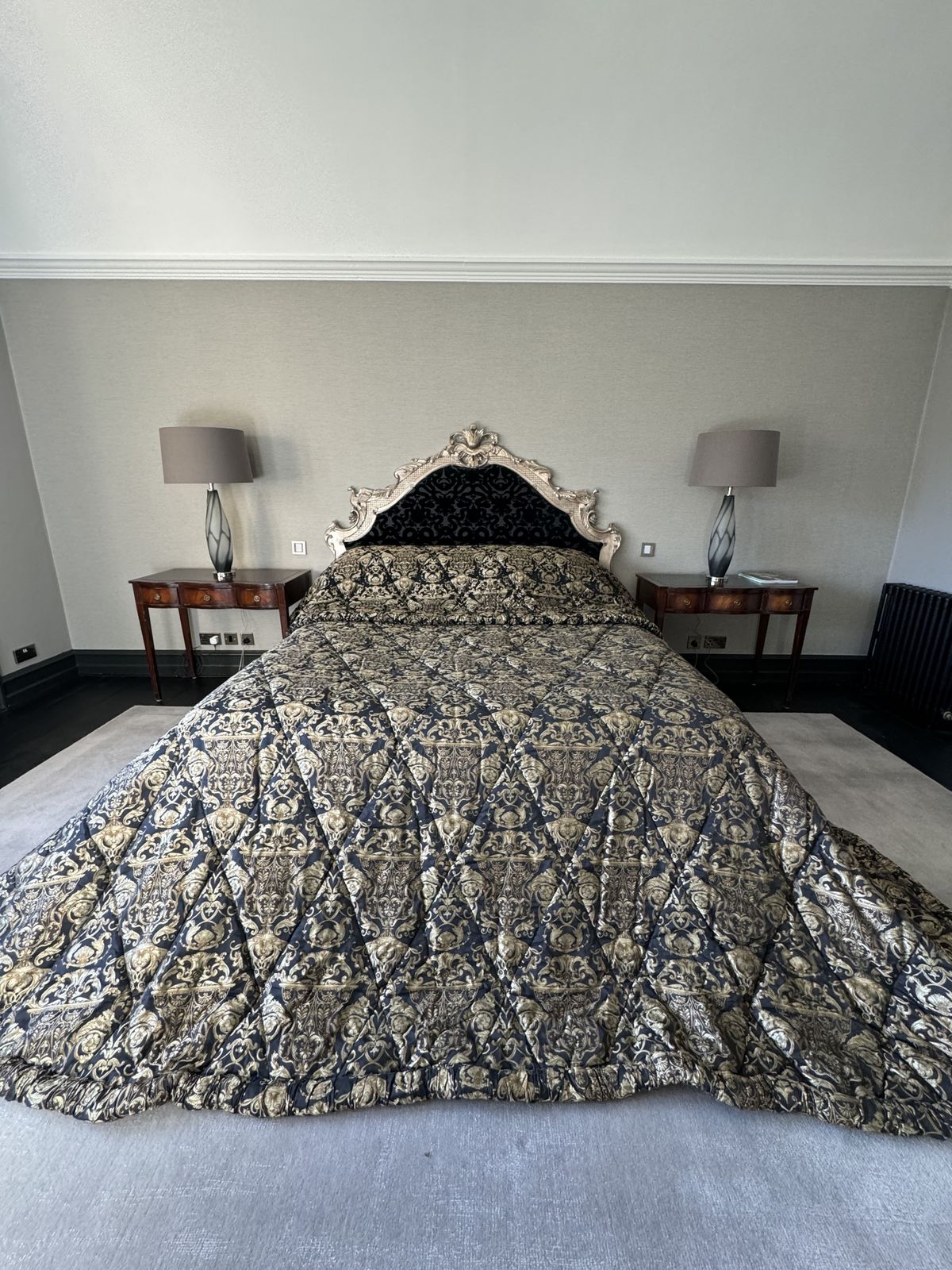 Custom Emperor Throw — Black & Gold Baroque Damask, Quilted, Ruffled Border | C.2002 photo 650.0