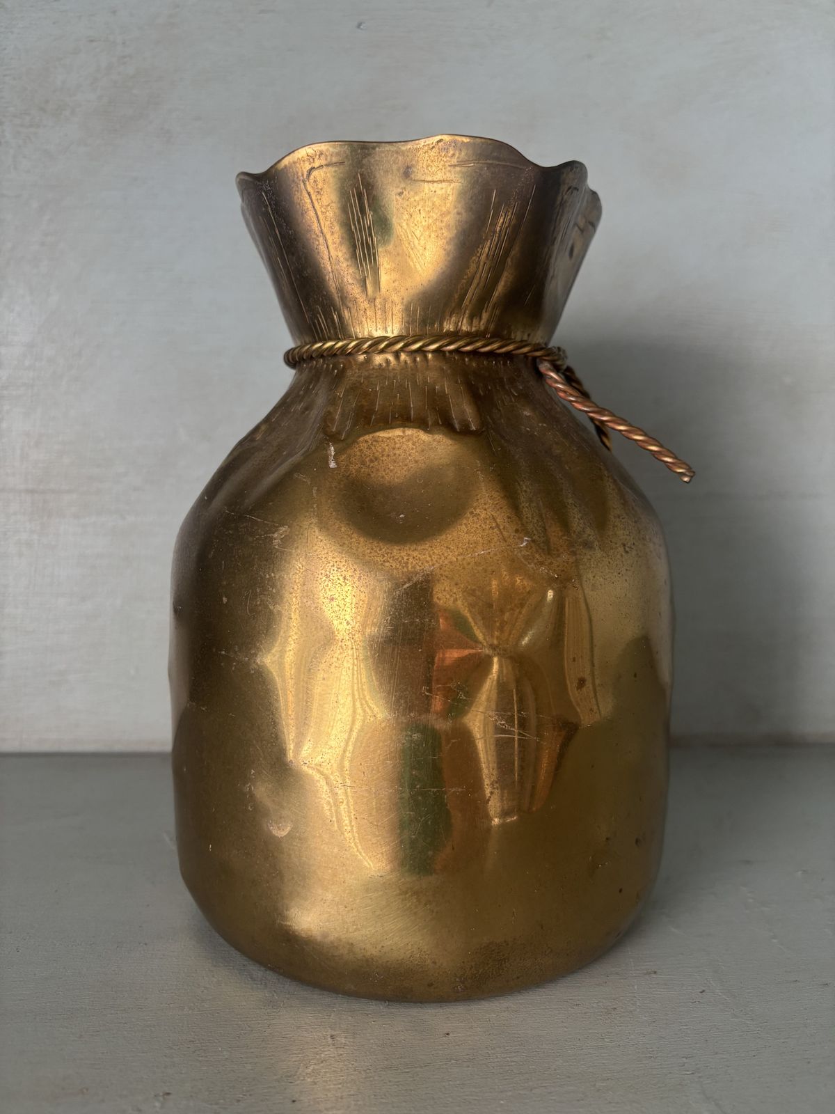 photo for sale Mid Century Brass Money Bag Vase