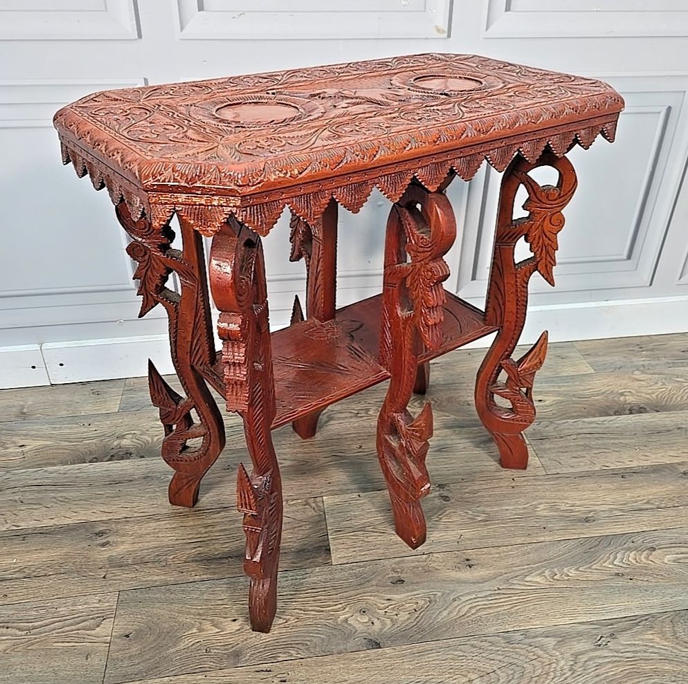 Antique Vintage Side Table Indian Heavily Carved Wooden Elephant & Mythical
