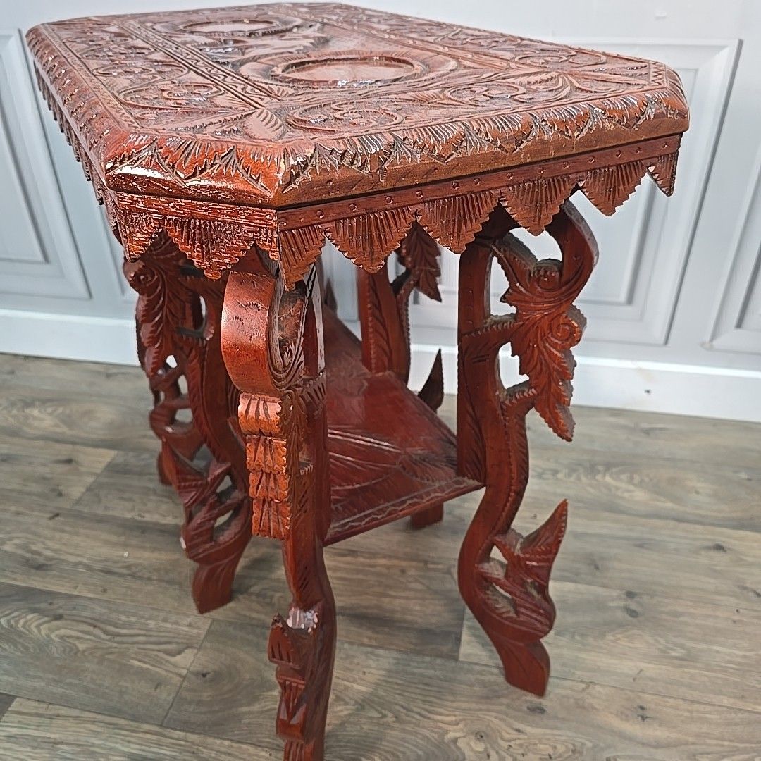 270.0 Antique Vintage Side Table Indian Heavily Carved Wooden Elephant & Mythical photo