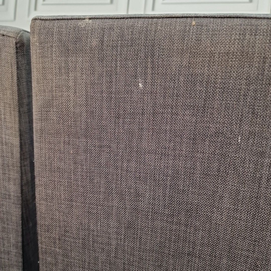 photo for sale Pair Contemporary Dining Chairs Grey Upholstered Seats Wooden Modern Oak