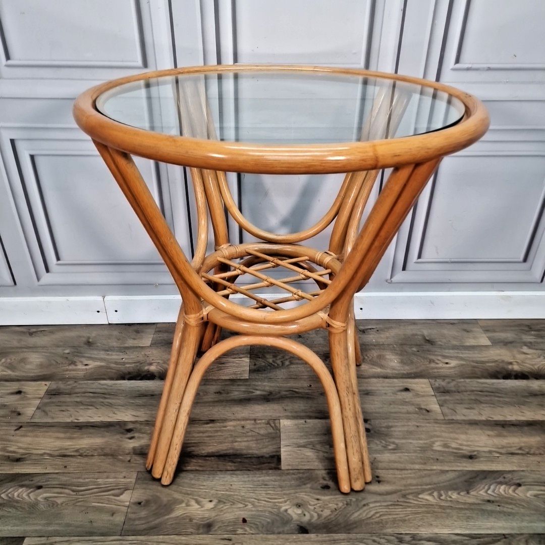 Retro Rattan Occasional Table Glass Top Bistro Garden Mid Century Vintage