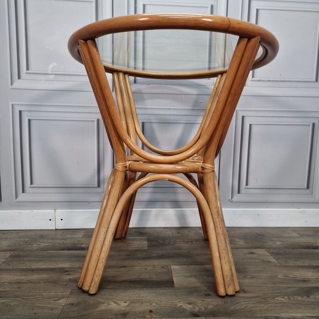 Retro Rattan Occasional Table Glass Top Bistro Garden Mid Century Vintage photo furniture