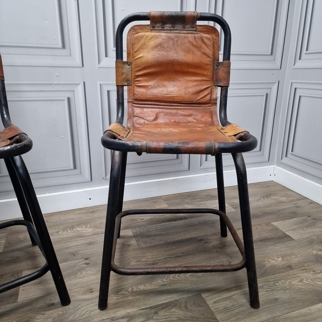 Vintage Pair Metal Chairs Leather Saddle Industrial Seats Charlotte Perriand ? photo 190.0