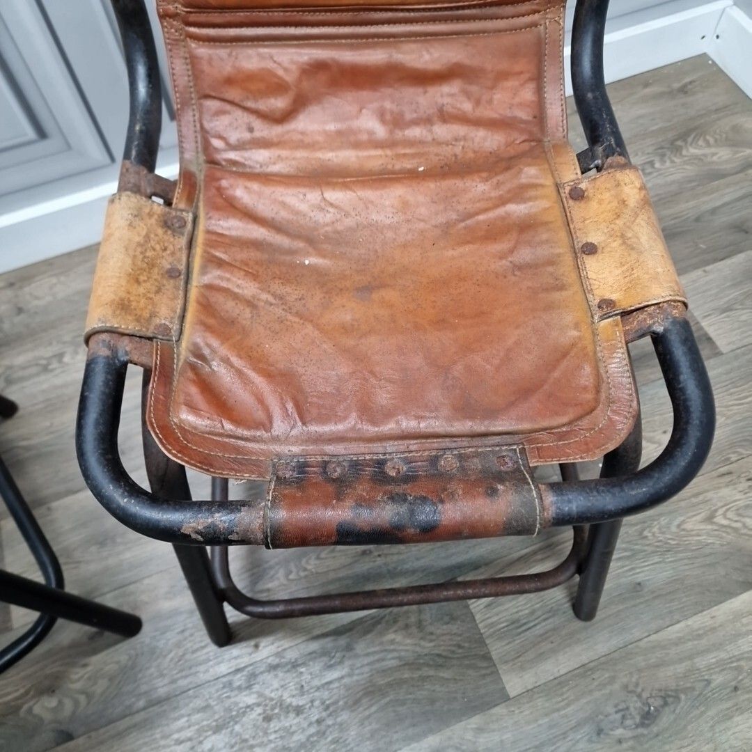 Vintage Pair Metal Chairs Leather Saddle Industrial Seats Charlotte Perriand ? photo vintage