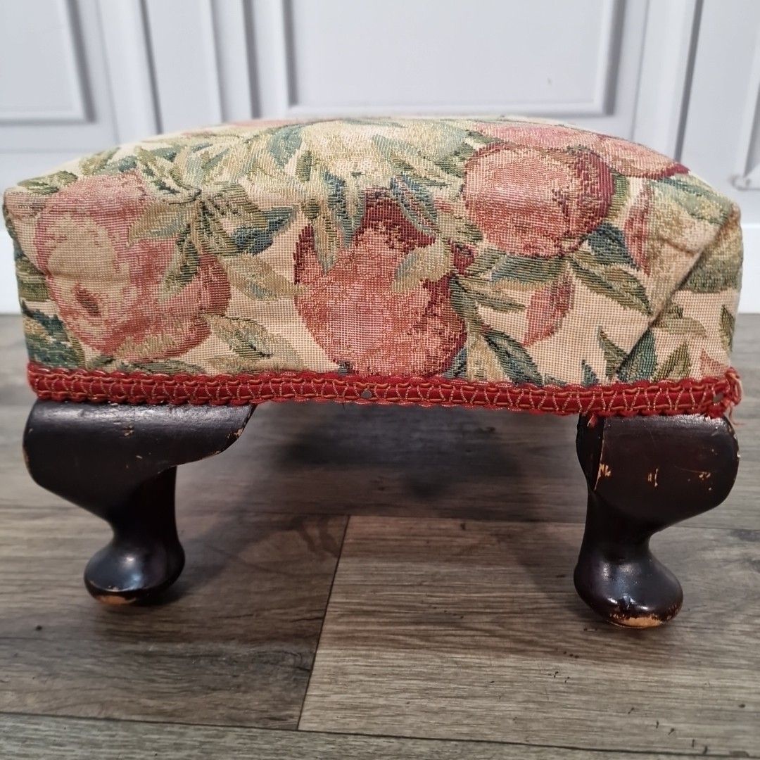 Antique Small Floral Footstool Queen Anne Cabriole Legs Upholstery Wood Vintage photo 55.0