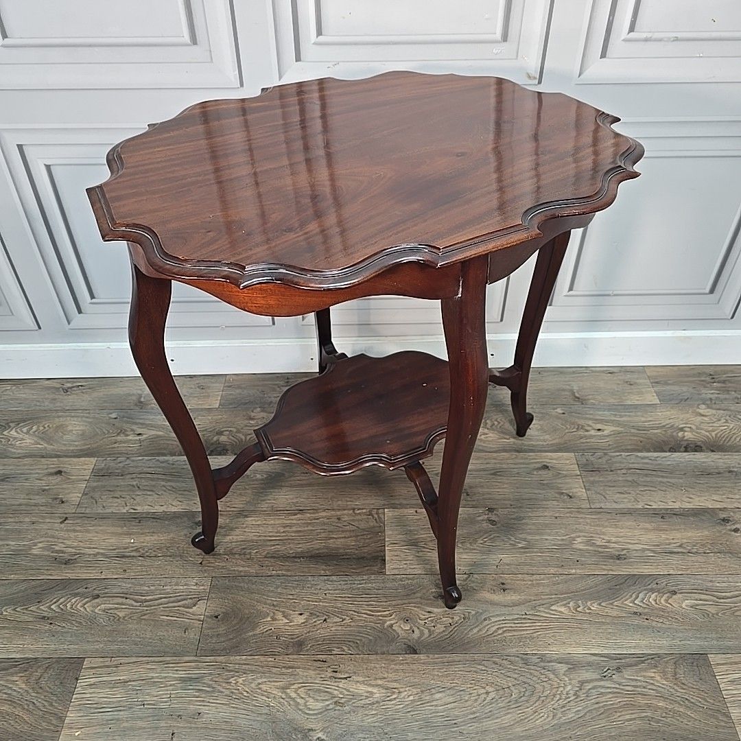 Antique Mahogany Window Table Edwardian Centre Side  Scalloped Top 2 Tier Wooden photo furniture