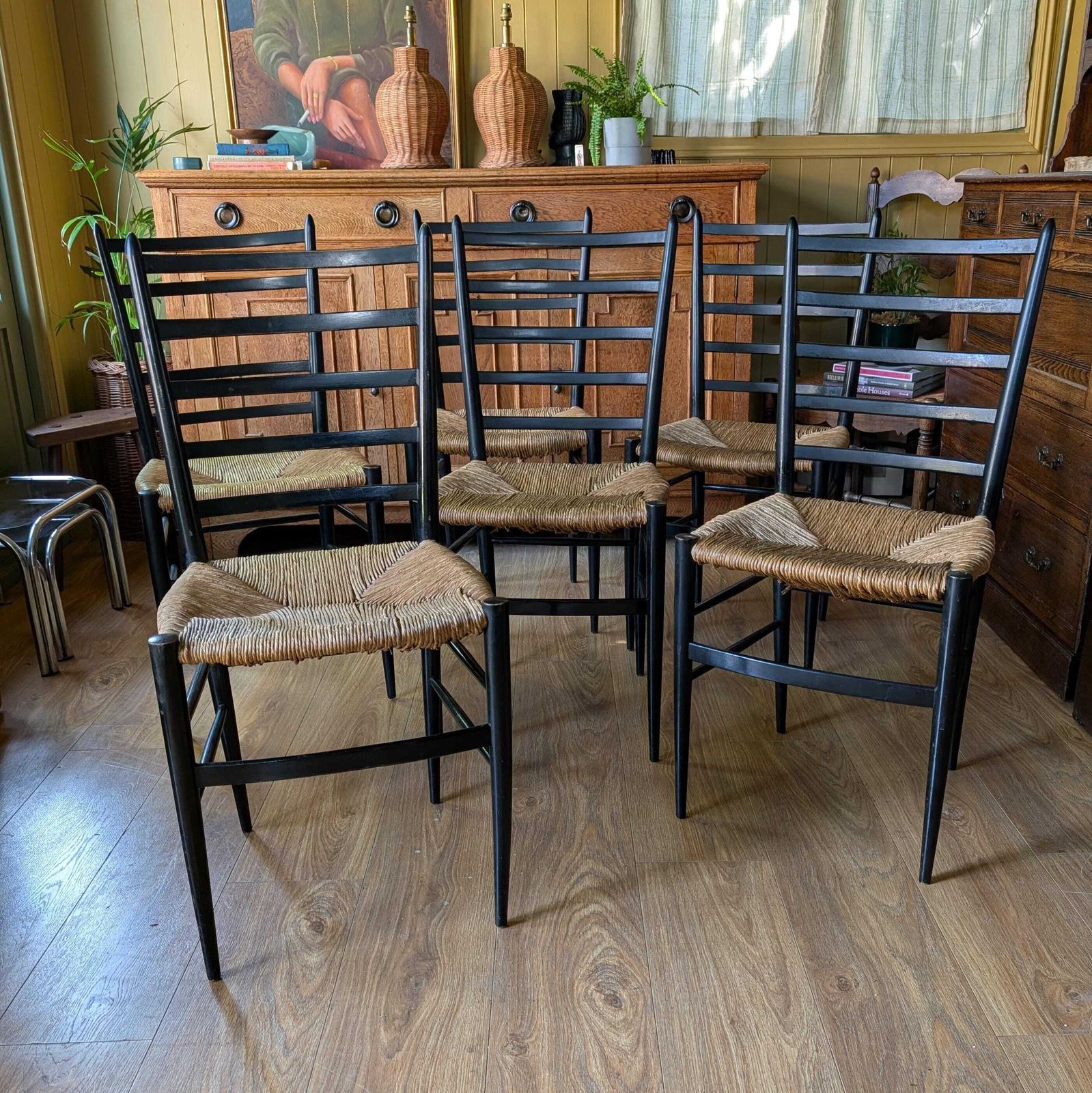 Set Of 6 Italian Mid Century Modern Ladder Back Chairs With Rush Seats