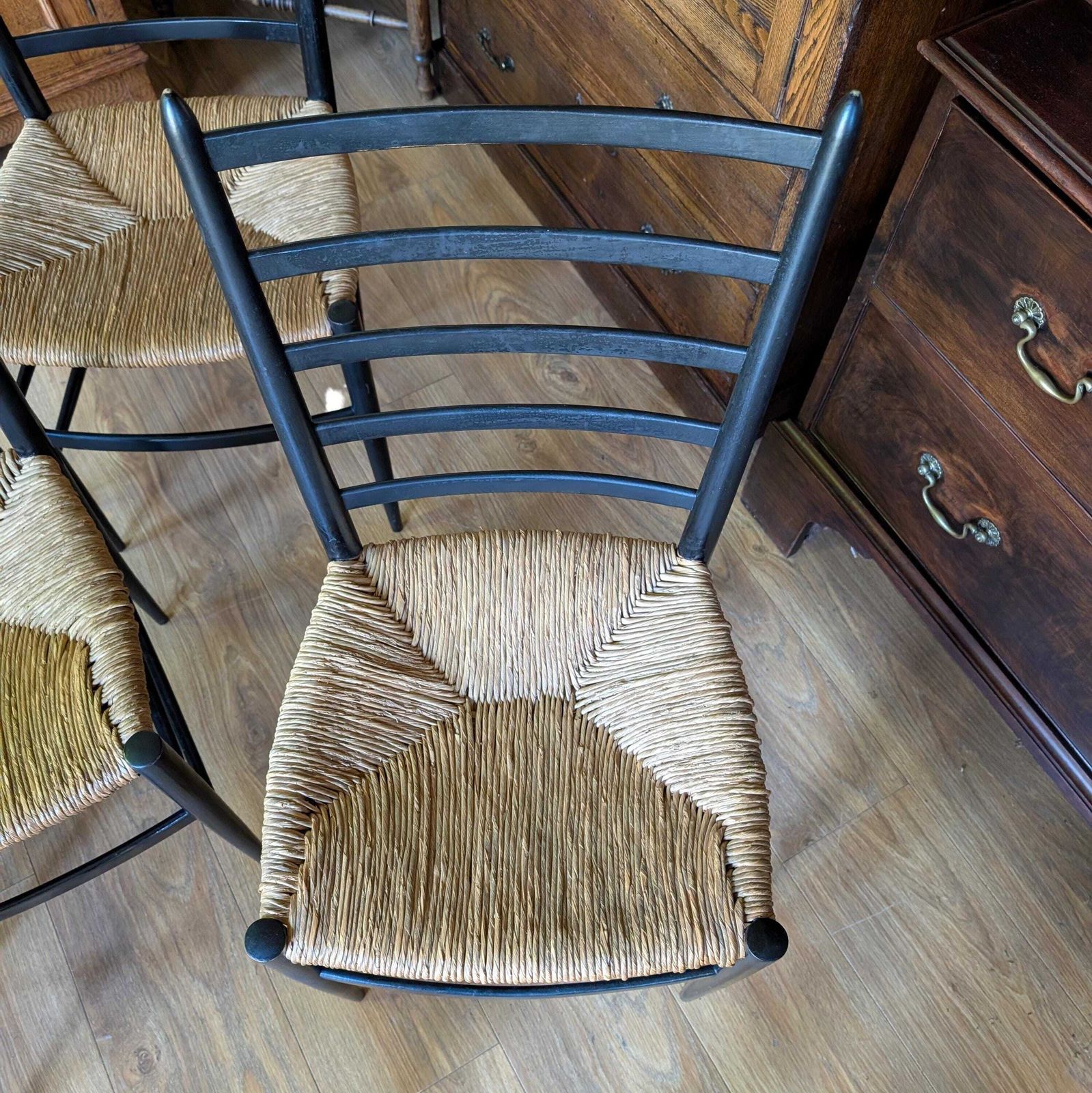 Set Of 6 Italian Mid Century Modern Ladder Back Chairs With Rush Seats photo vinterior