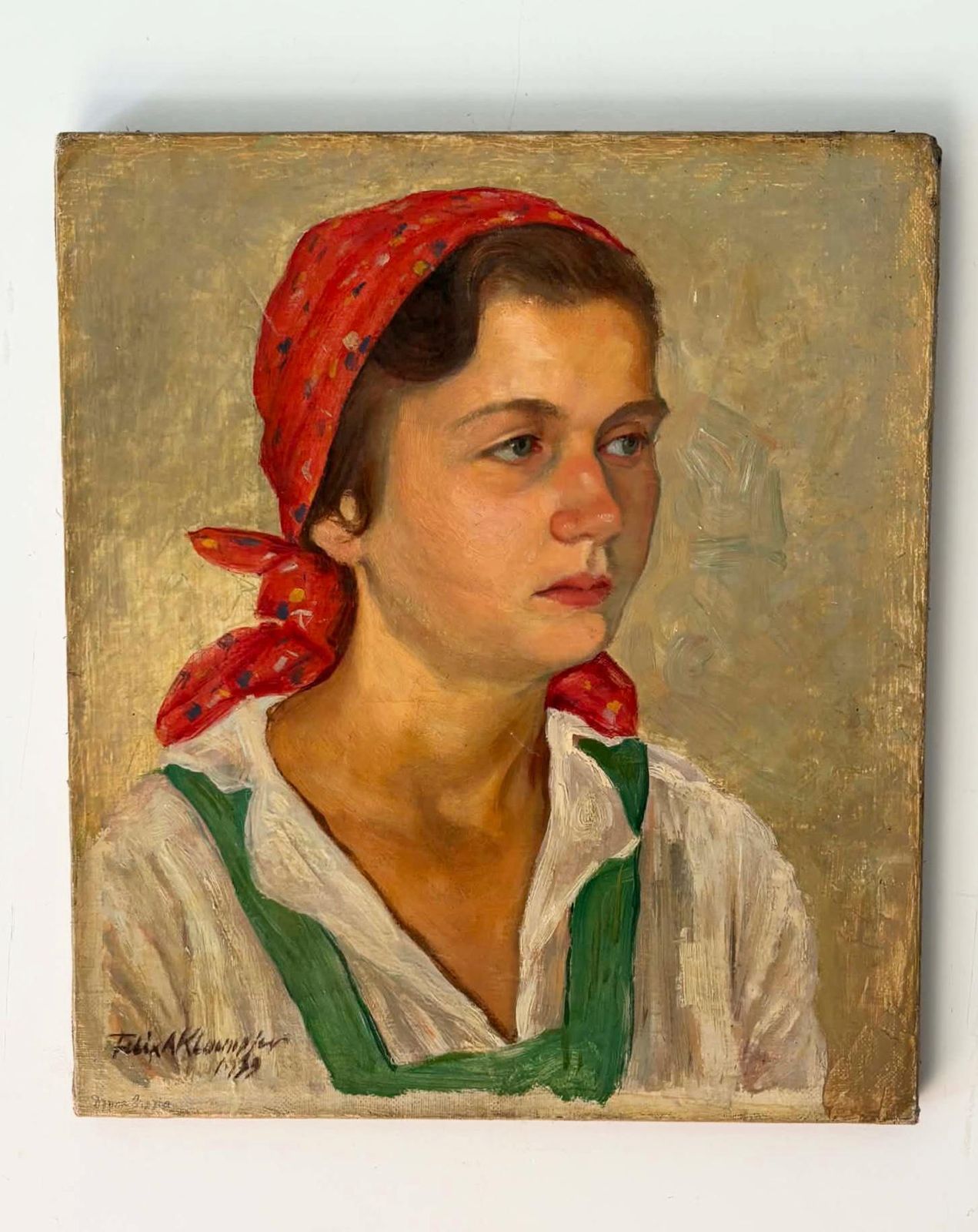 Antique 1939 Oil Painting Portrait Of Farmer Woman, Red Headscarf, Signed European Rural Portrait photo Art