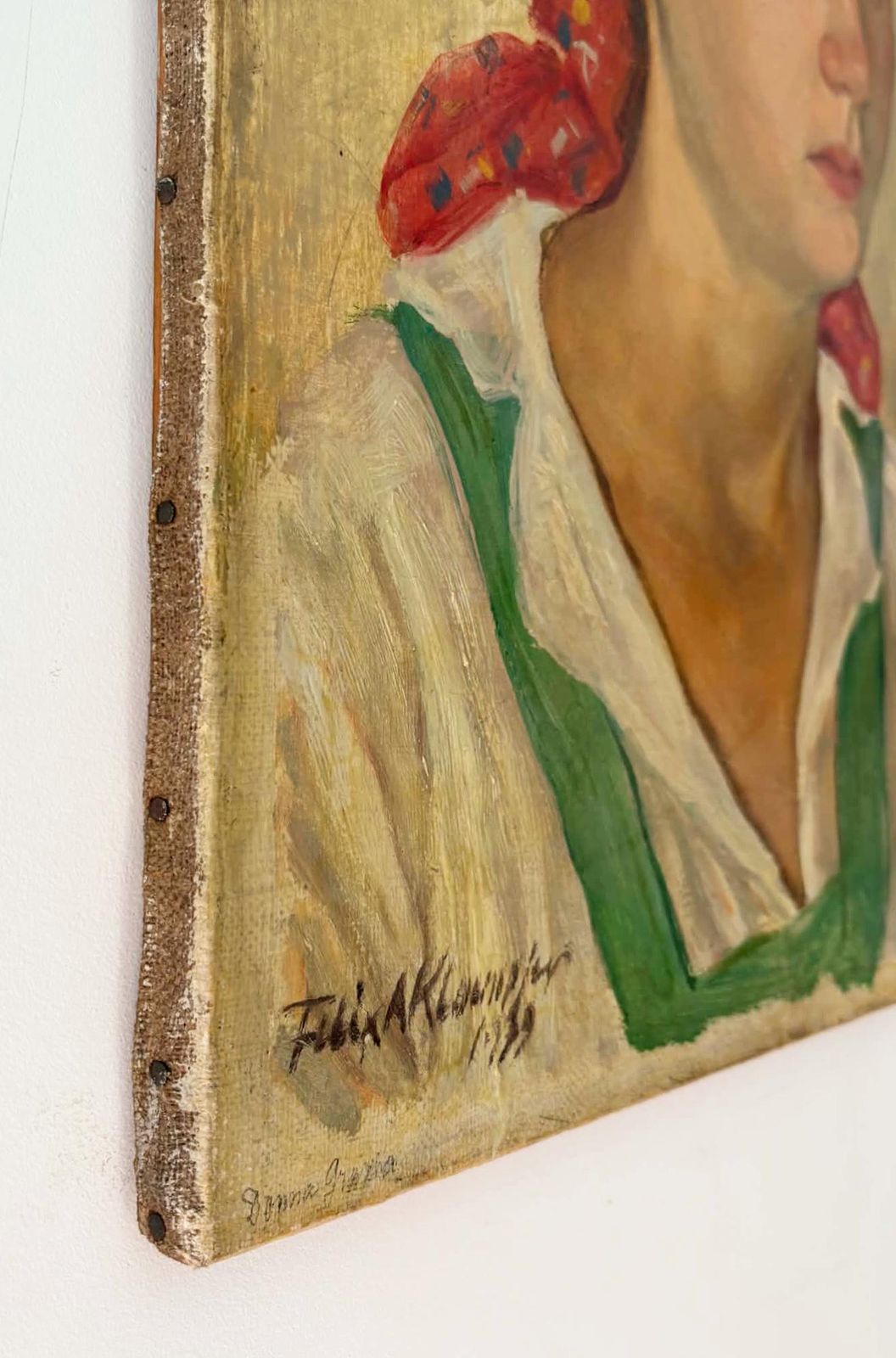 Antique 1939 Oil Painting Portrait Of Farmer Woman, Red Headscarf, Signed European Rural Portrait photo vinterior