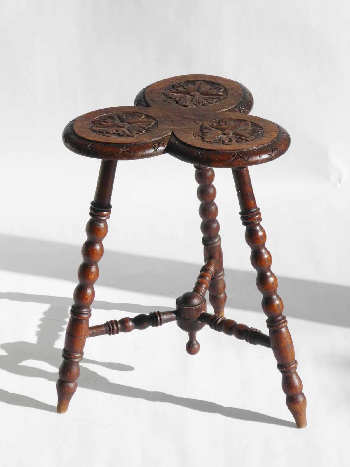 Antique Oak Wooden Side Table, Floral Carved Bobbin Leg Plant Stand, Pedestal Trefoil Top photo furniture