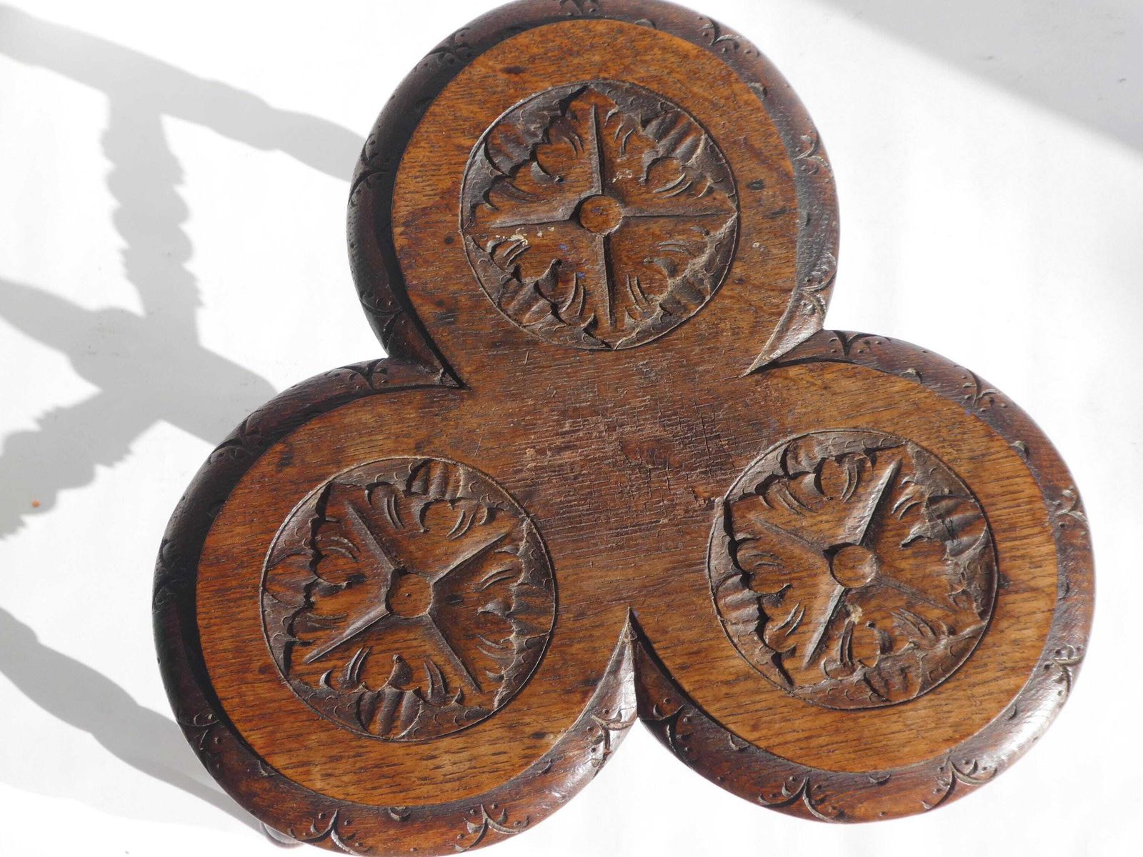 photo for sale Antique Oak Wooden Side Table, Floral Carved Bobbin Leg Plant Stand, Pedestal Trefoil Top